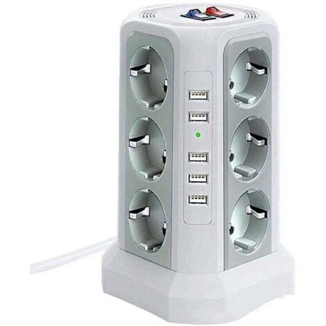 Tour multiprise parafoudre et surtension, Multiprise Electrique avec 5 Ports USB et 12 Prises, Multiprise avec et 3 Interrupteurs, Blanc