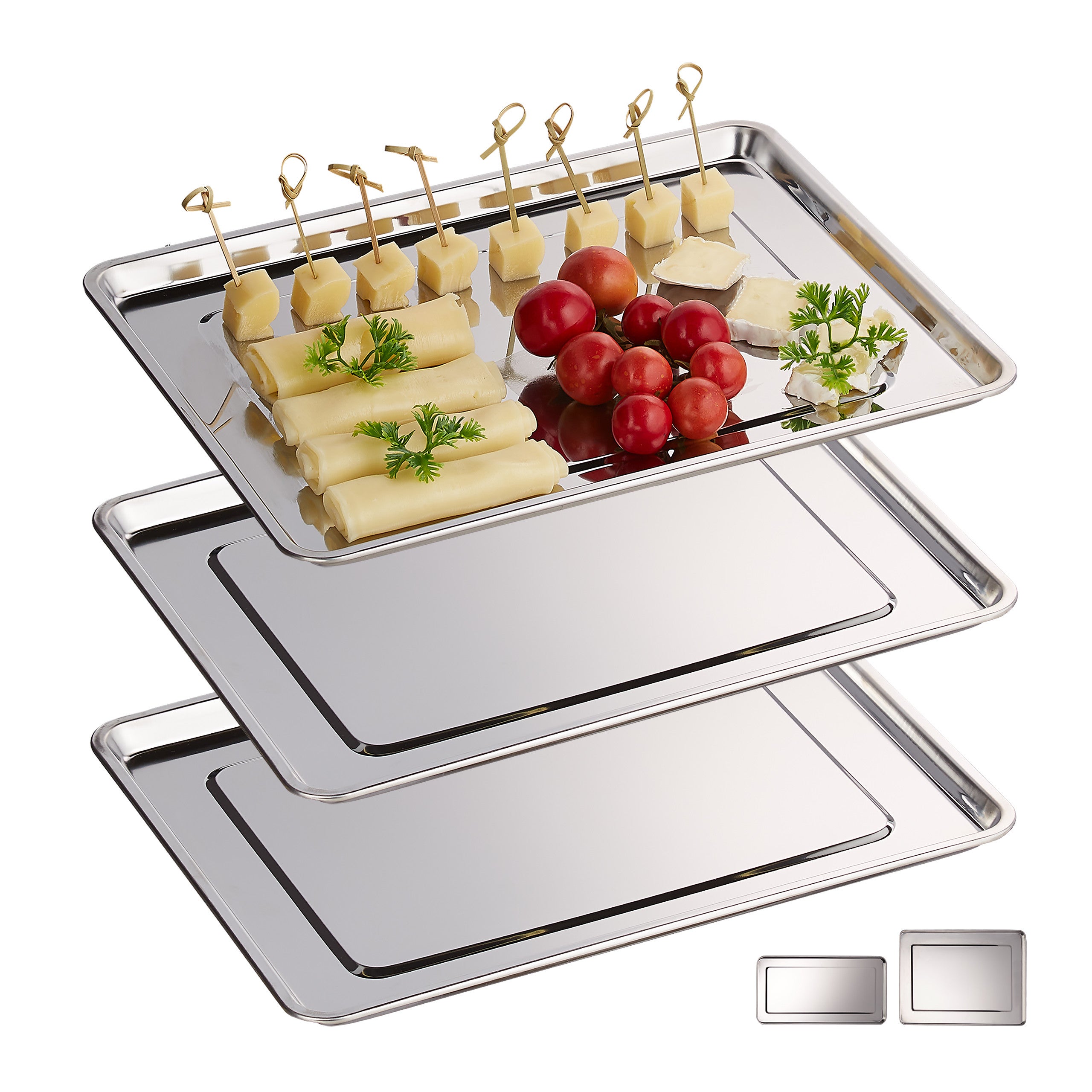 Relaxdays Set 3 Vassoi In Acciaio Inox - Piatti Da Portata Rettangolari 39x27,5 Cm - Per Buffet, Affettati, Formaggi E Aperitivi - 5