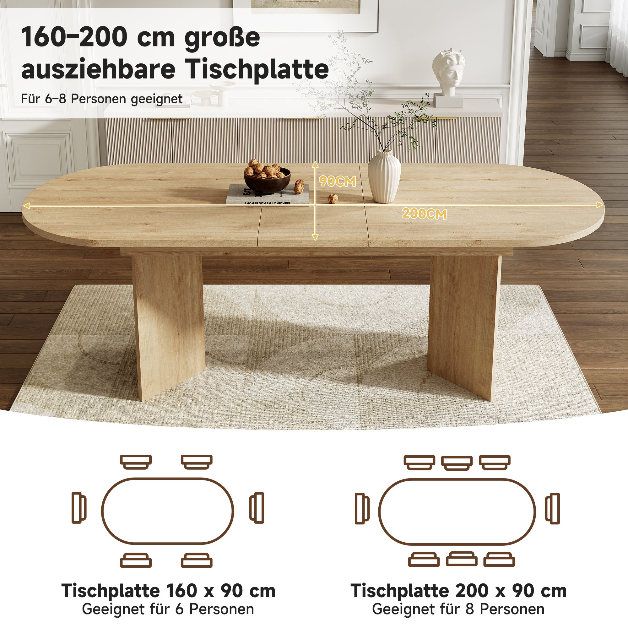 Table à manger extensible 160-200x90 cm pour 6-8 personnes - coins arrondis, plateau épais et style simple - couleur chêne - 5