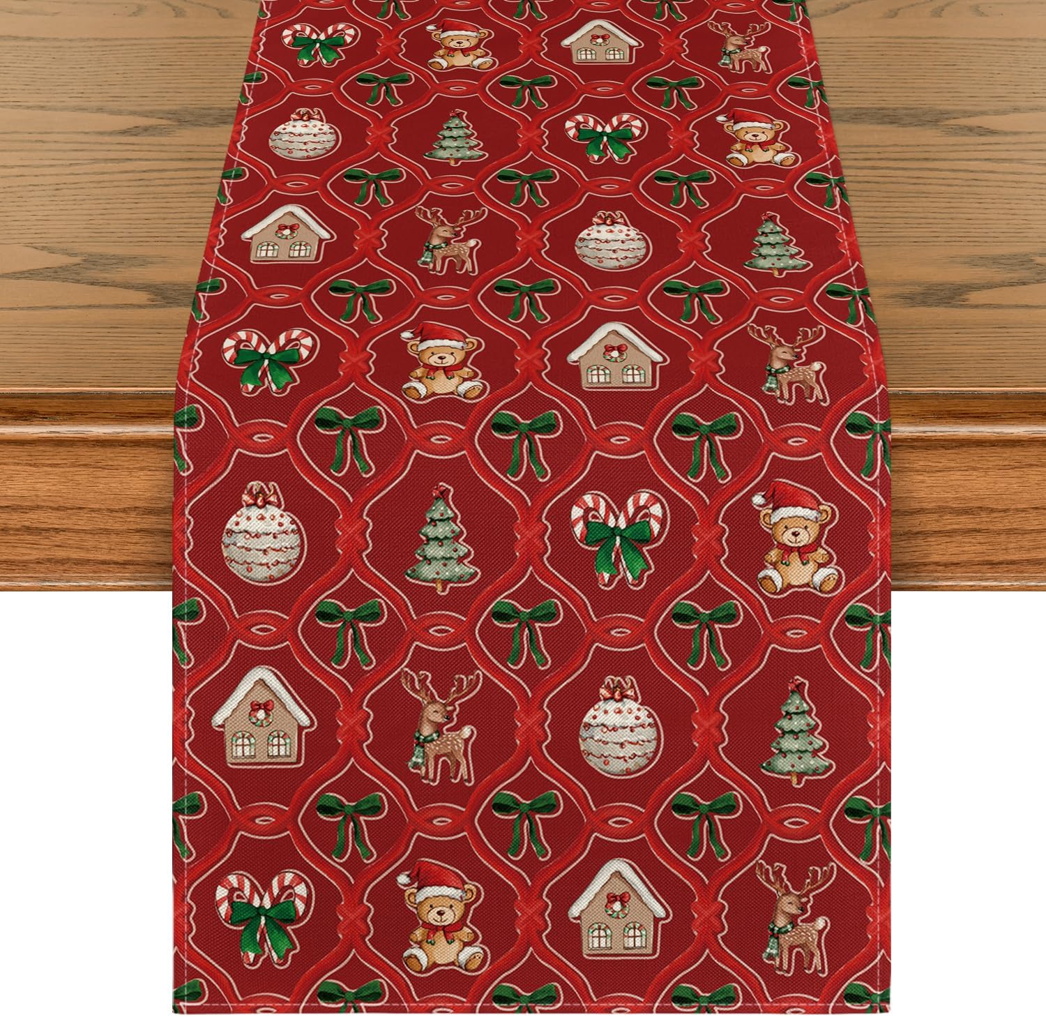 Bieżnik świąteczny z kokardkami, choinkami, reniferami, domkiem, bombkami, misiem, Boże Narodzenie, zimowa dekoracja stołu kuchennego, 33×183 cm