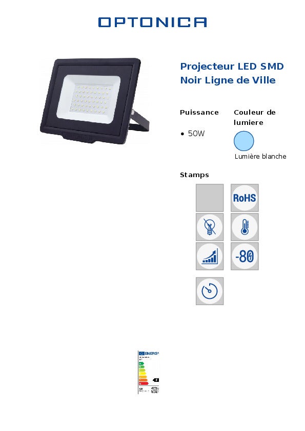 Projecteur LED 50W (250W) Noir Étanche IP65 4000lm - Blanc du Jour 6000K - 6