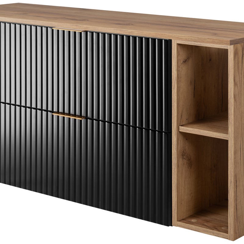 Zestaw łazienkowy FLOW 120 cm czarny z regałami dąb craft blat w zestawie