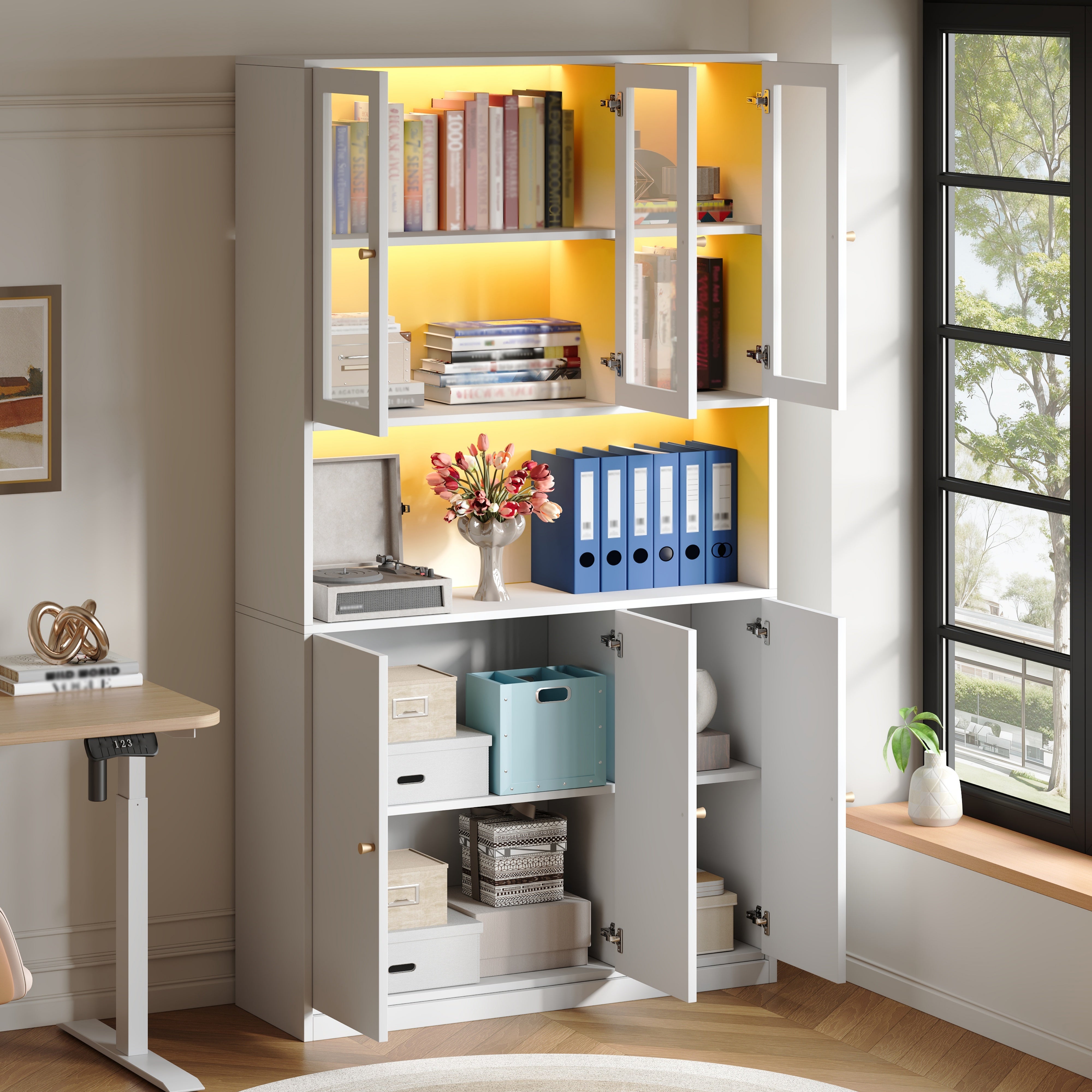 Bibliothèque LED 100×35×200 cm avec 6 portes de rangement Vitrine de salon avec compartiment ouvert MDF Blanc - 2