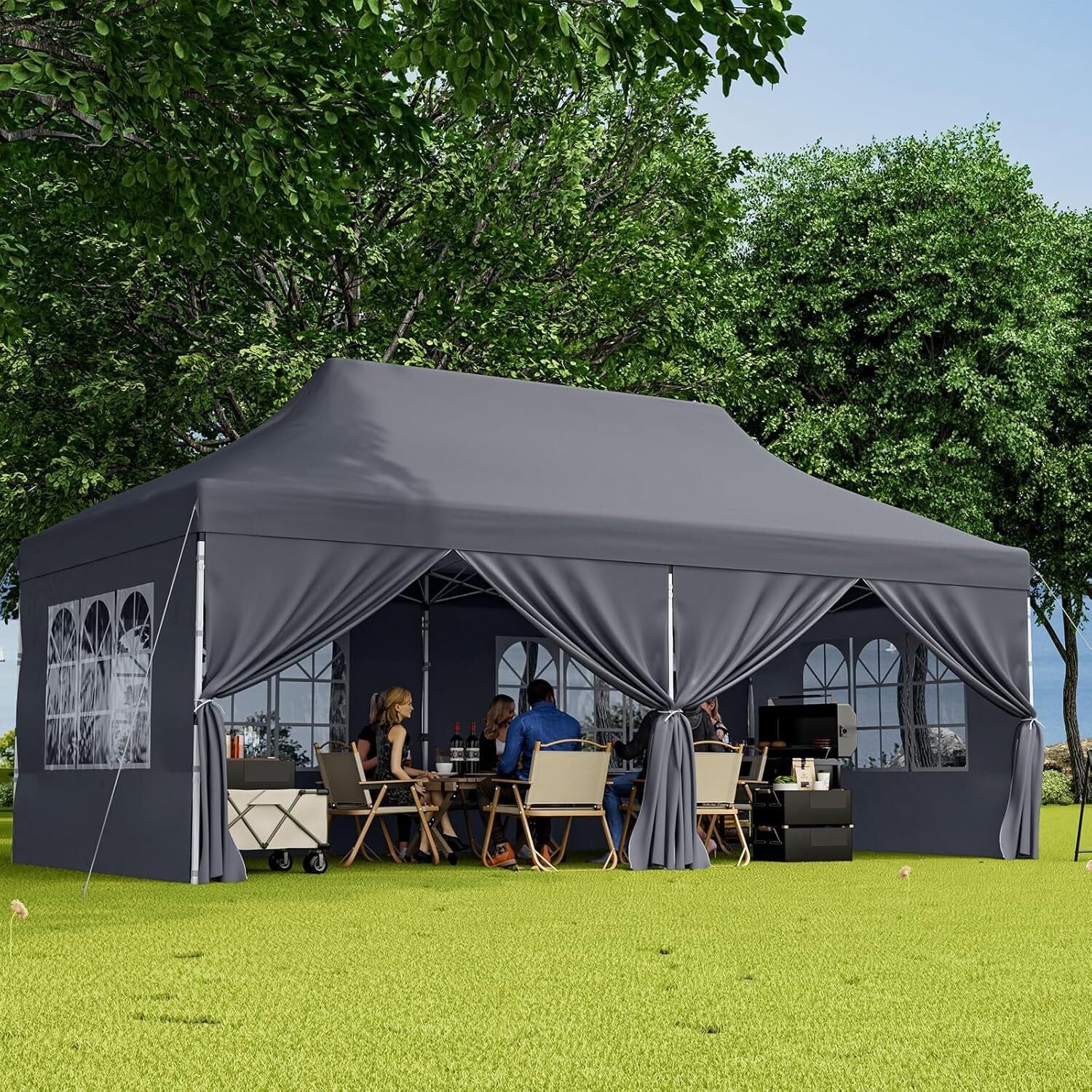 Cenador plegable 3x6 m con 6 paredes laterales, 6 sacos de arena, carpa para fiestas, estructura metálica ajustable, pabellón desplegable, bolsa de t - 3