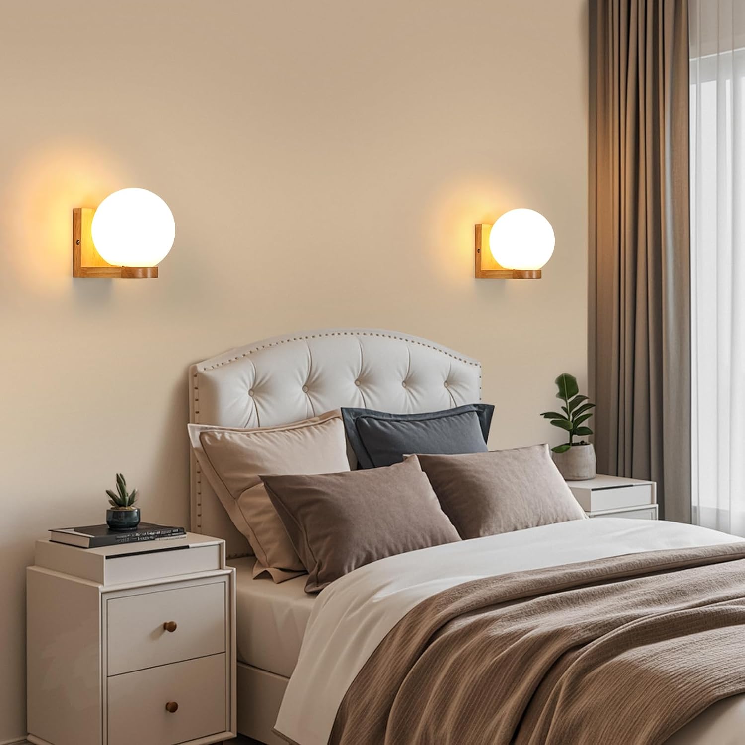 COMELY Applique Murale Intérieure en Bois,Lampe Murale Vintage avec Abat-jour en Verre E27,Luminaire Moderne Minimaliste pour Chambre,Couloir,Escalier - 4
