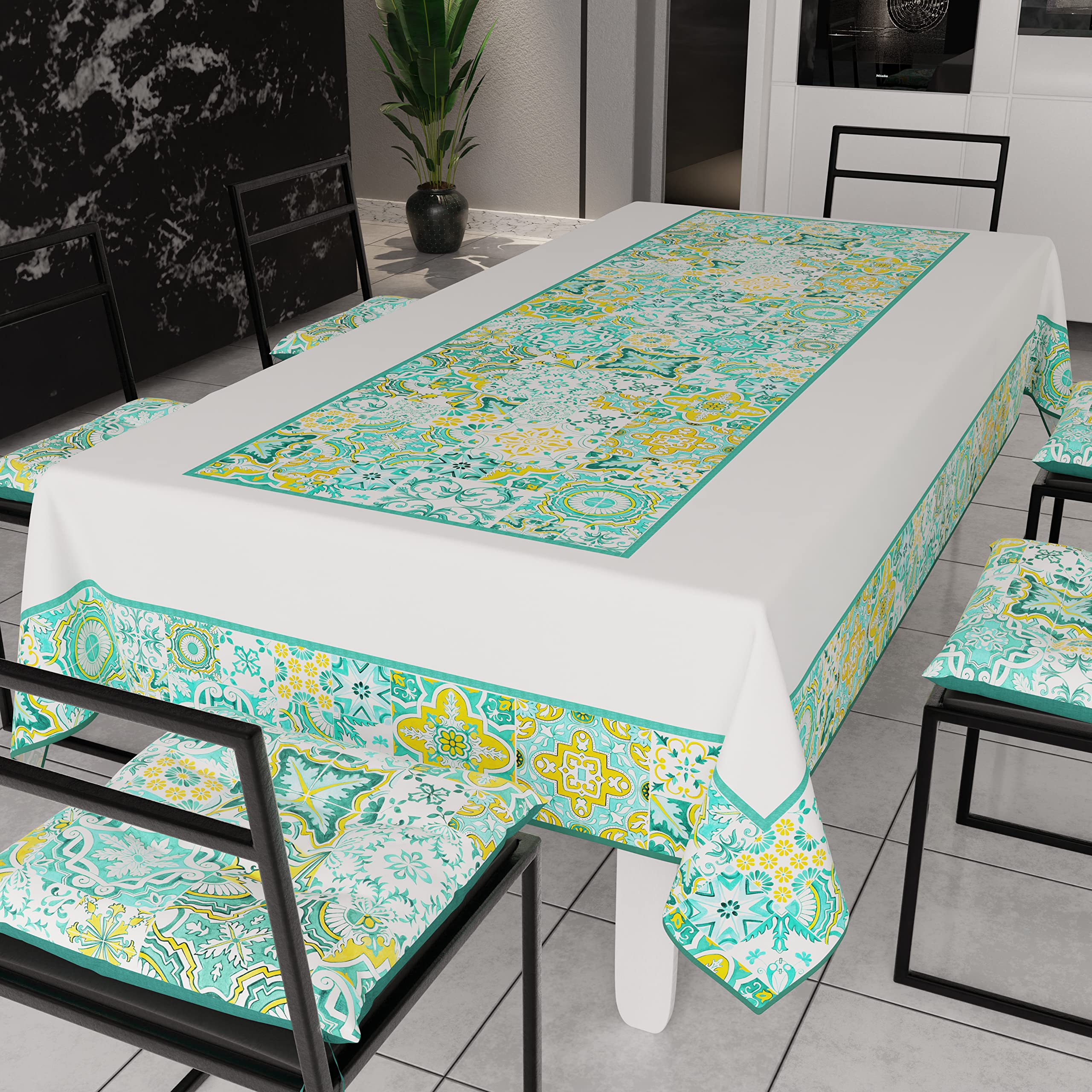 PETTI Artigiani Italiani - Tovaglia Antimacchia Rettangolare Copritavolo Cucina Disegno Geometrico Vietri Verde Acqua X6 Posti (140x180 cm) 100% Made - 3