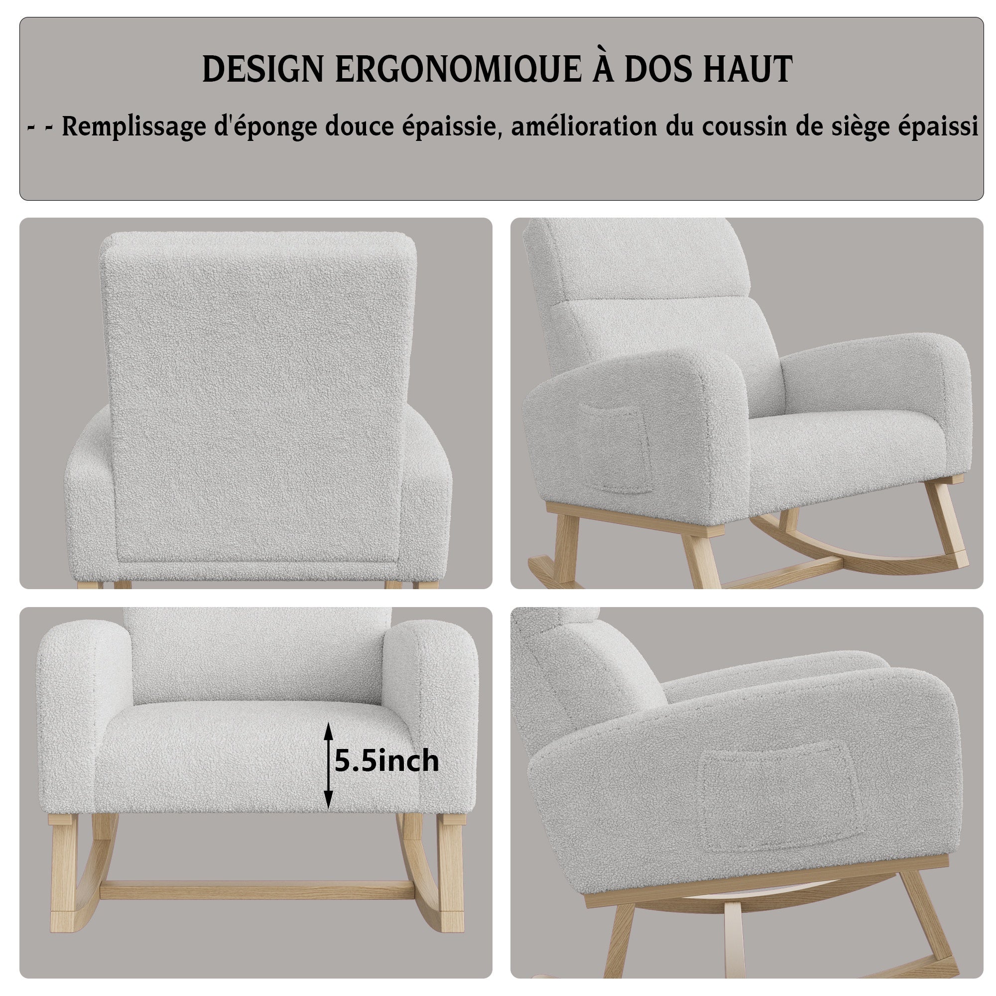 Fauteuil à Bascule - Confort Ergonomique - avec Poches Latérales et Bois Massif - 69.2x78.5x87cm - en Tissu Bouclée Gris Clair - 9