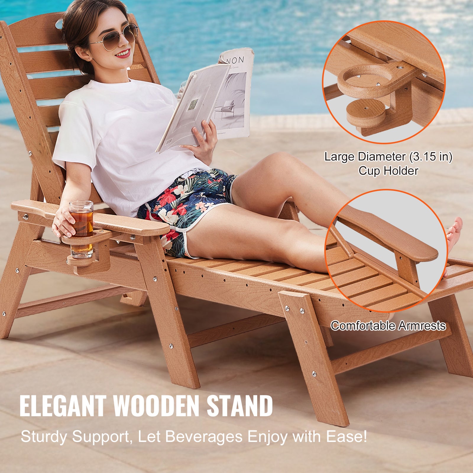 Bain Soleil VEVOR, Charge 181 kg, PEHD, avec Dossier Réglable sur 6 Positions, Accoudoir, Porte-gobelet, pour Terrasse, Patio, Pelouse, Marron - 6