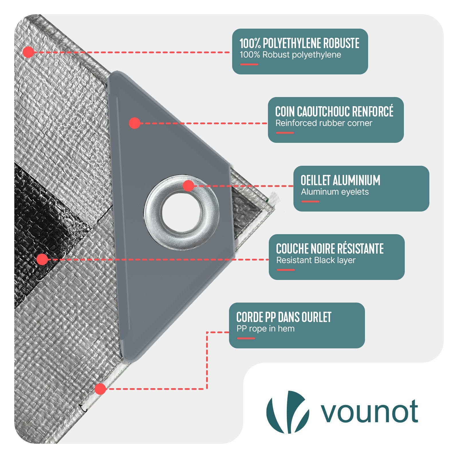 VOUNOT® Bâche de Protection en Polyéthylène 180g/m² Bâche Imperméable Ultra Lourde et Résistante Revêtue avec Oeillets en Aluminium Couverture Étanche pour Jardin, Piscine 3x5m Blanc