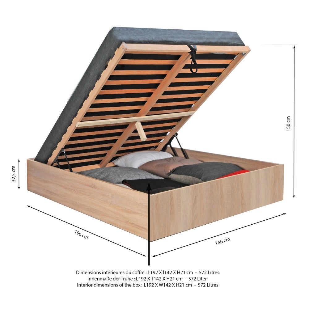 Lit Coffre BILBAO 140x190 cm avec Sommier / Décor Chêne Blanchi / Panneau de Particules / Grand Coffre de Rangement - 4