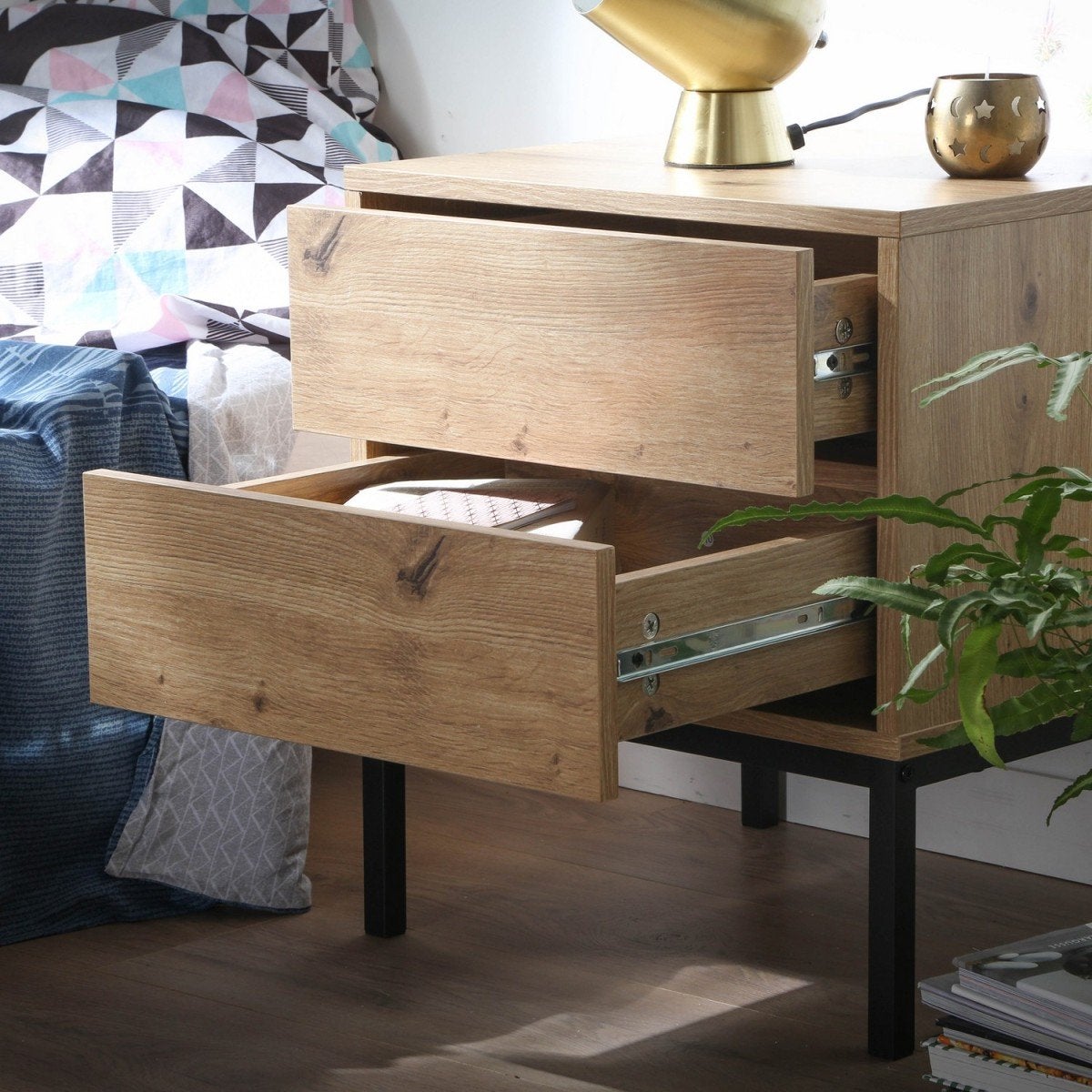 Comodino con 2 cassetti, decorazione rovere, altezza 50 cm - LENNY - 4