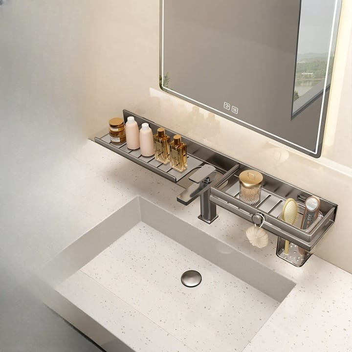 Półka łazienkowa na baterię umywalkową montowana na ścianie – nie wymaga wiercenia – półka łazienkowa przed lustrem – ciemnoszary aluminium – 60*10*4,