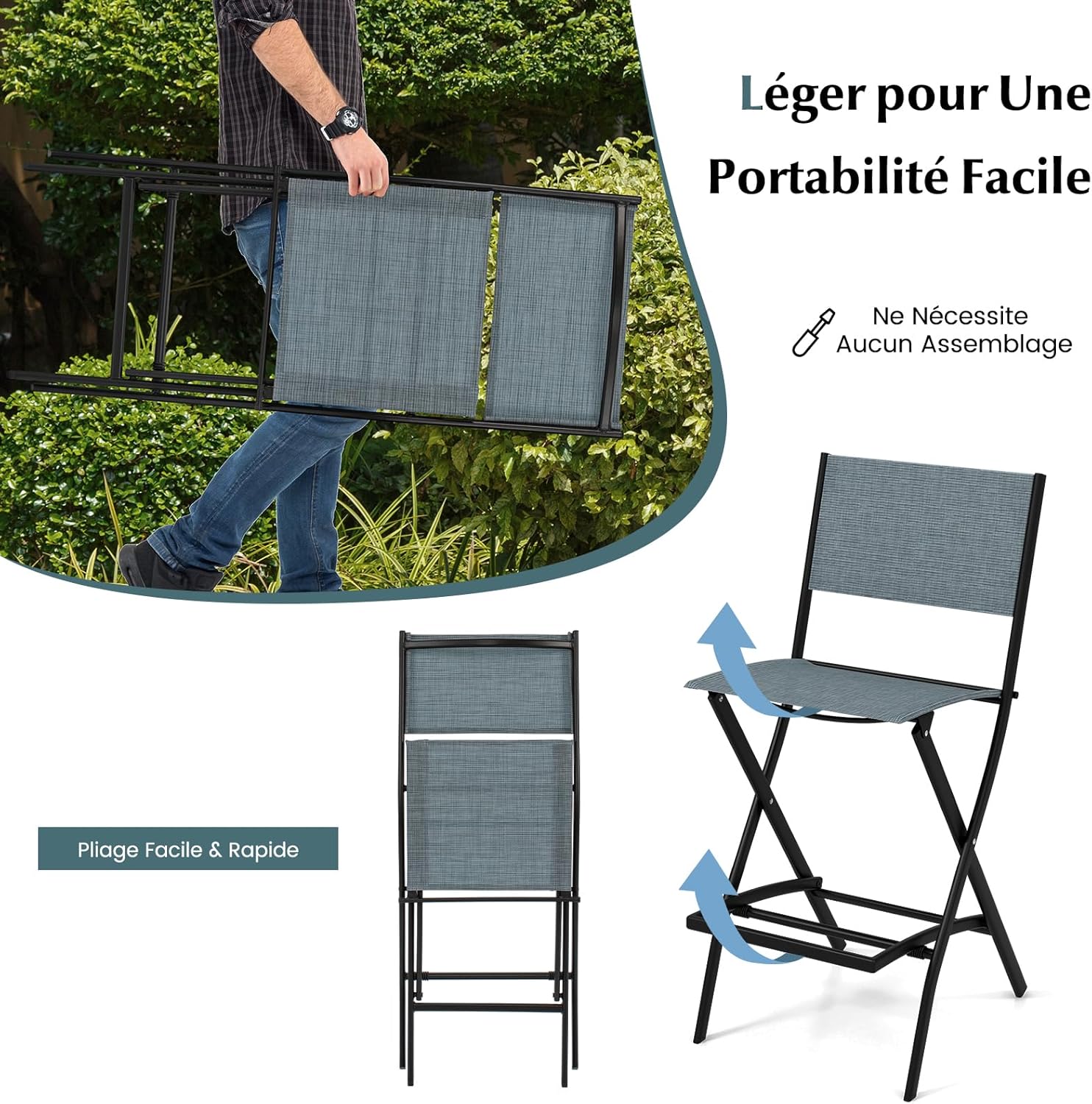 Set di Sgabelli da Bar 2 Pezzi, Sedie Alte e Pieghevoli con Telaio in Metallo e Poggiapiedi, Sedie da Bar per Balcone, Giardino e Piscina (Blu - 5