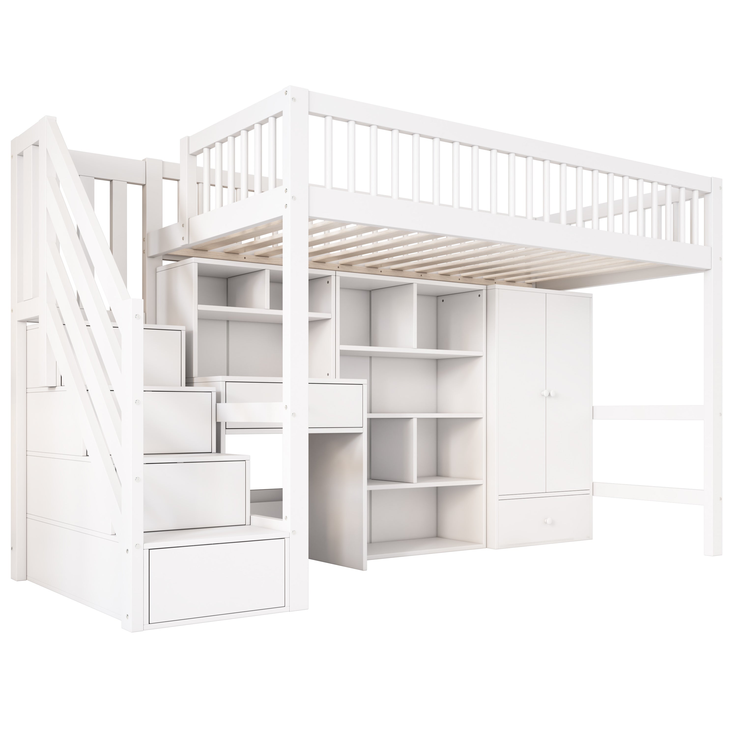 Lit mezzanine multifonctionnel en bois et MDF - 90x200 cm - avec escalier de rangement, bureau et armoire - Blanc(sans matelas) - 8