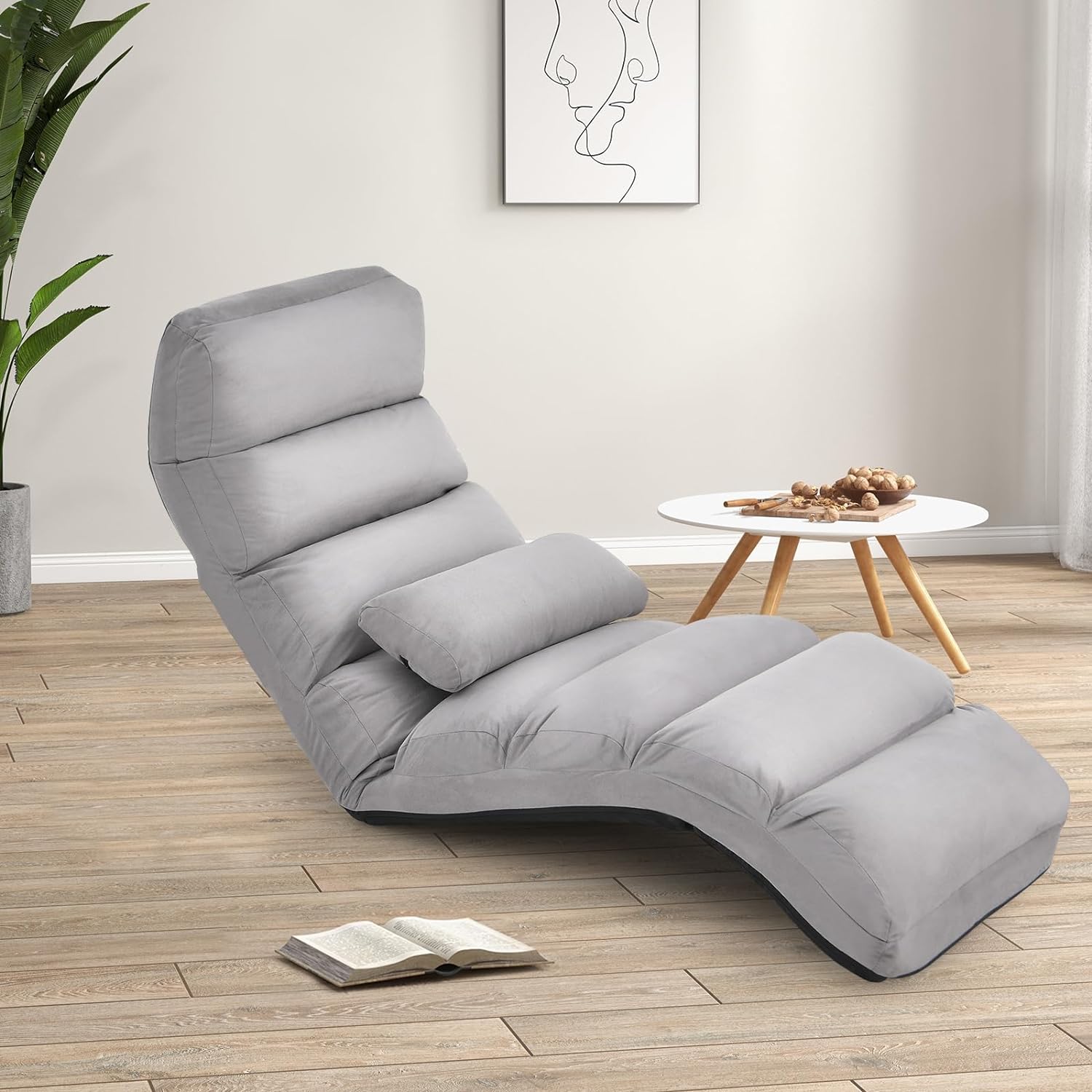 Fotel Podłogowy 175 x 55 x 20 cm z Oparciem Regulowanym w 5 Pozycjach, Kanapa Typu „Leniwa” z Poduszką, Szary - 4