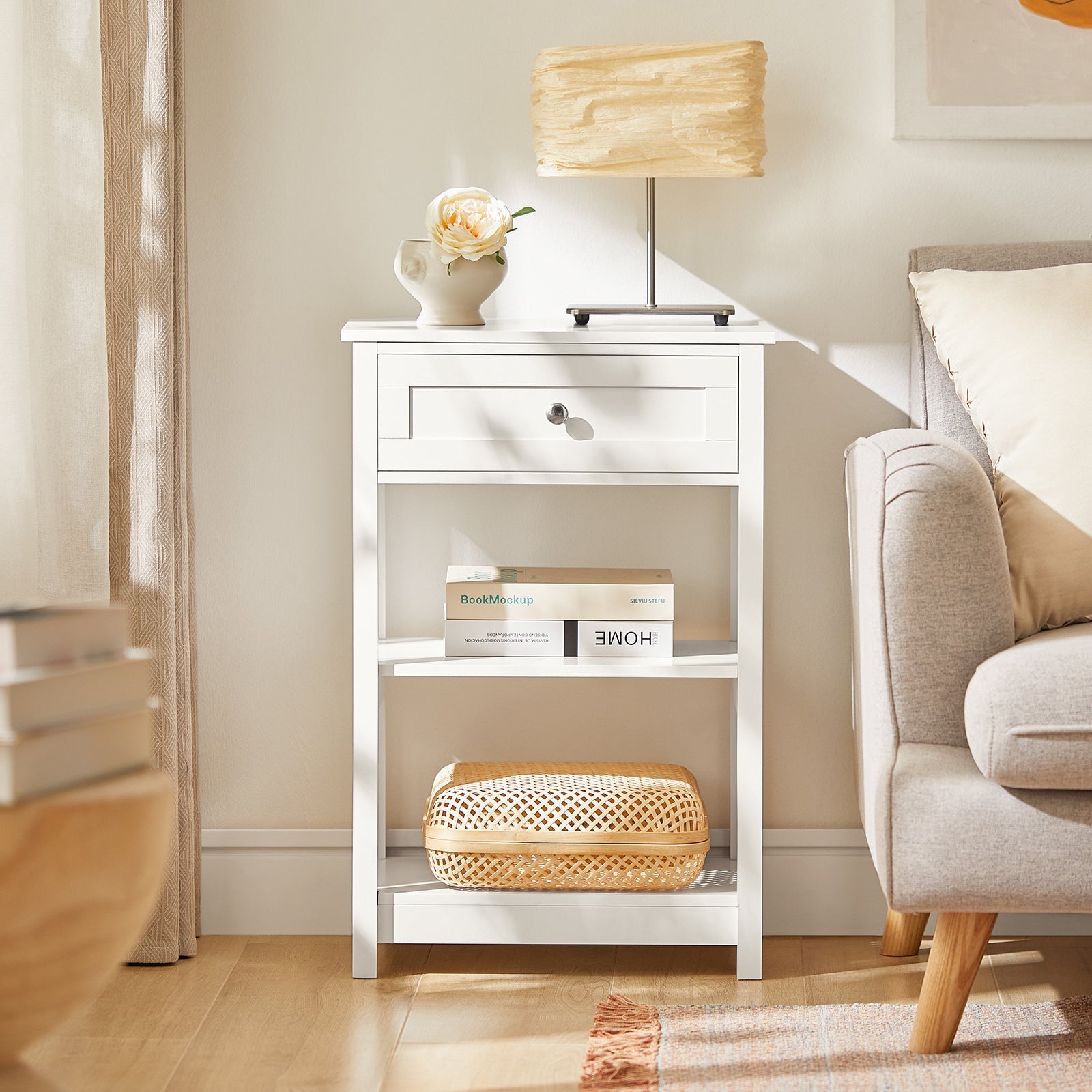 SoBuy FBT46-W Table de Chevet Bout de Canapé Table d'Appoint avec 1 tiroir et 2 étagères de rangement - Blanc - 5