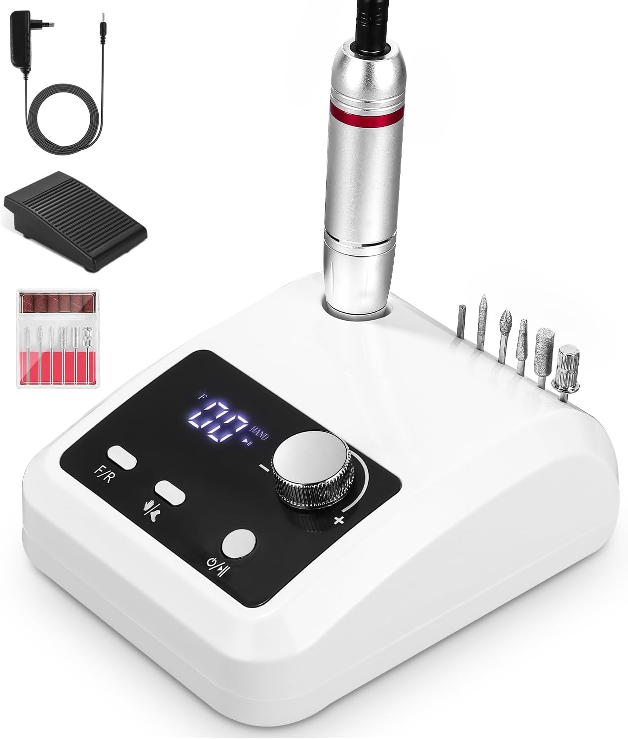 Pilnik do paznokci 6 w 1 Pro 45000rpm z pedałem, elektryczny pilnik do paznokci, prezent dla przyjaciół i rodziny - Biały