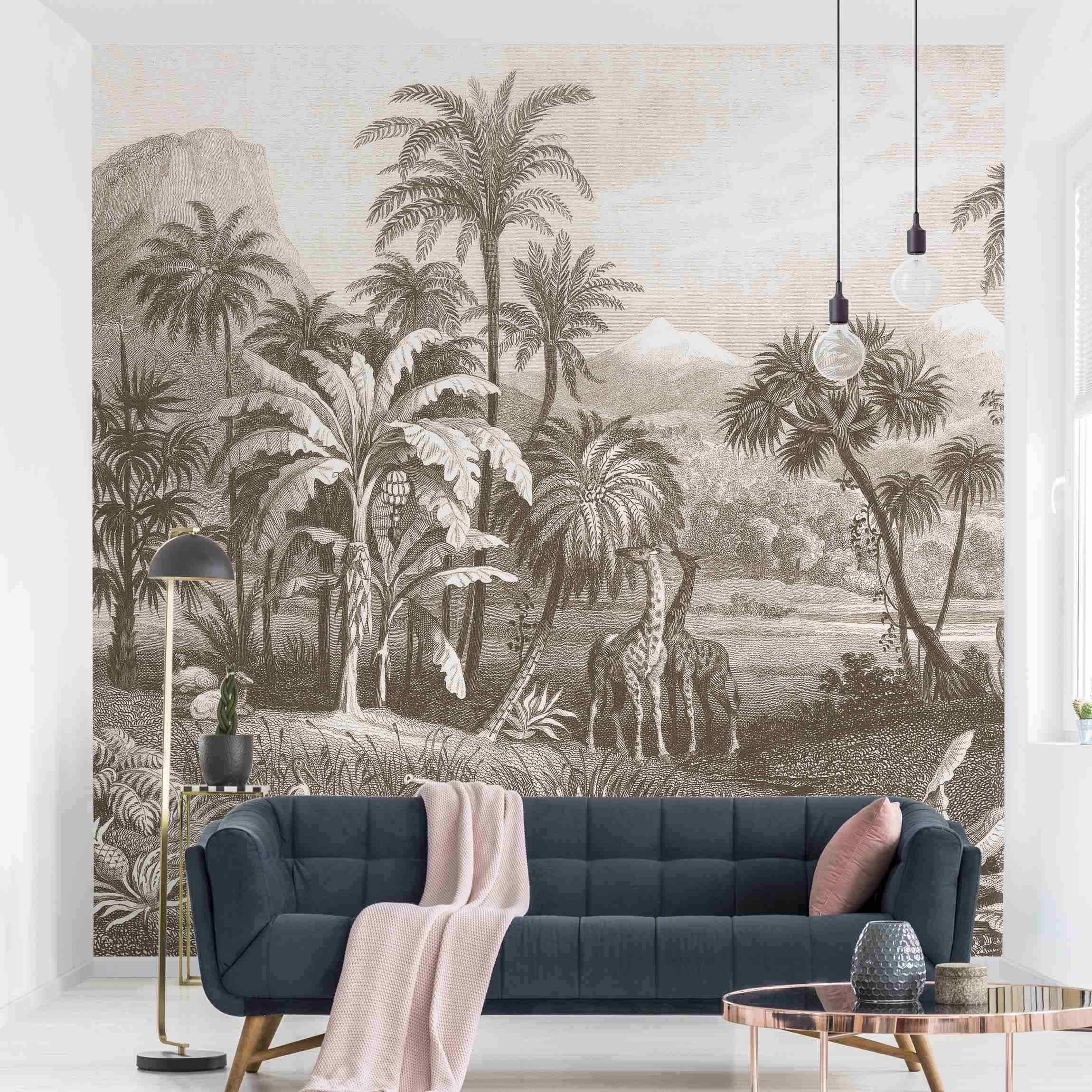 Papel pintado fotomural bosque girafes tropical naturaleza vintage 368 - salón dormitorio cocina pasillo - tnt 288 x 288 cm premium