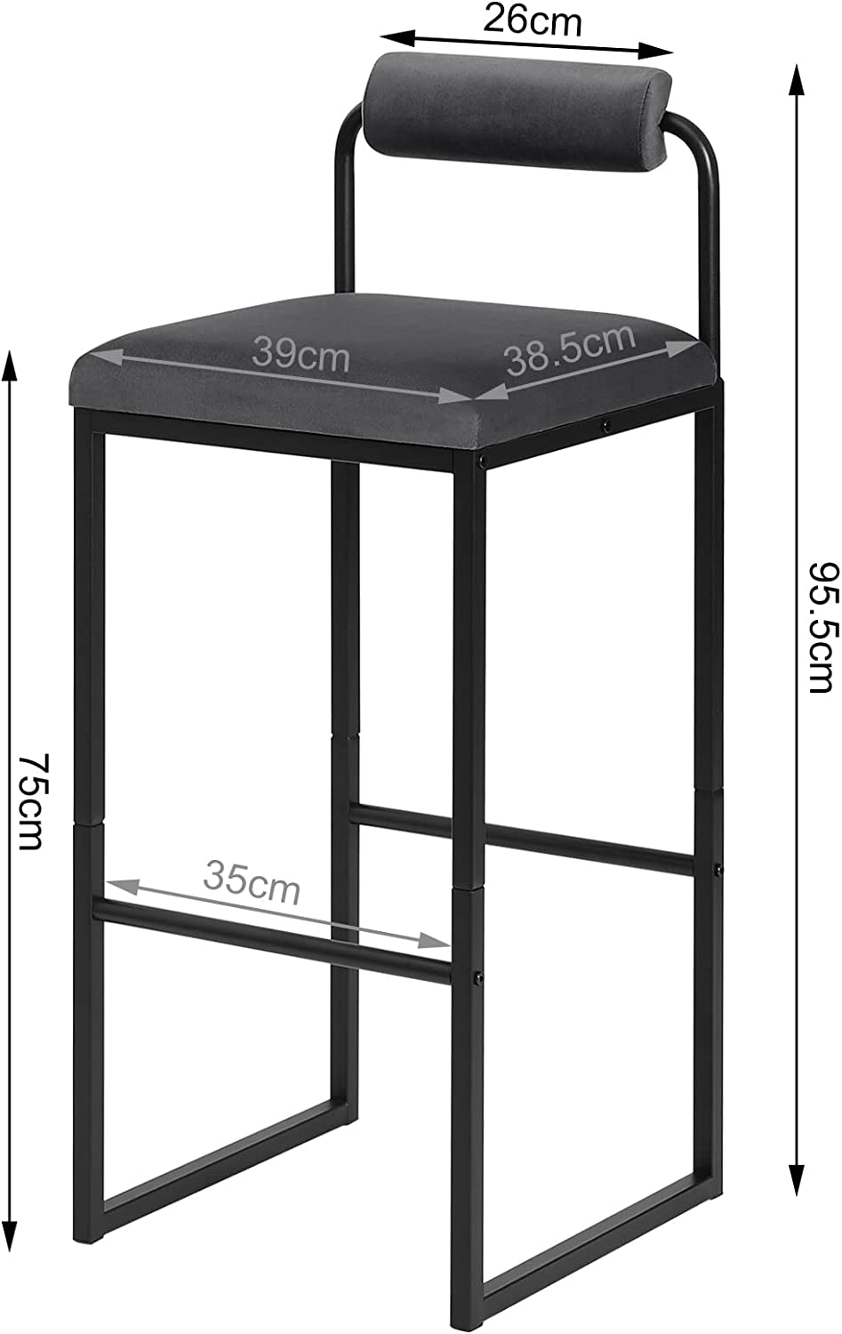 Lot de 2 Tabourets de Bar en Velours et Métal WOLTU, Chaise Haute Bar, Design Moderne, Hauteur du Siège 75cm, Gris Foncé - 4