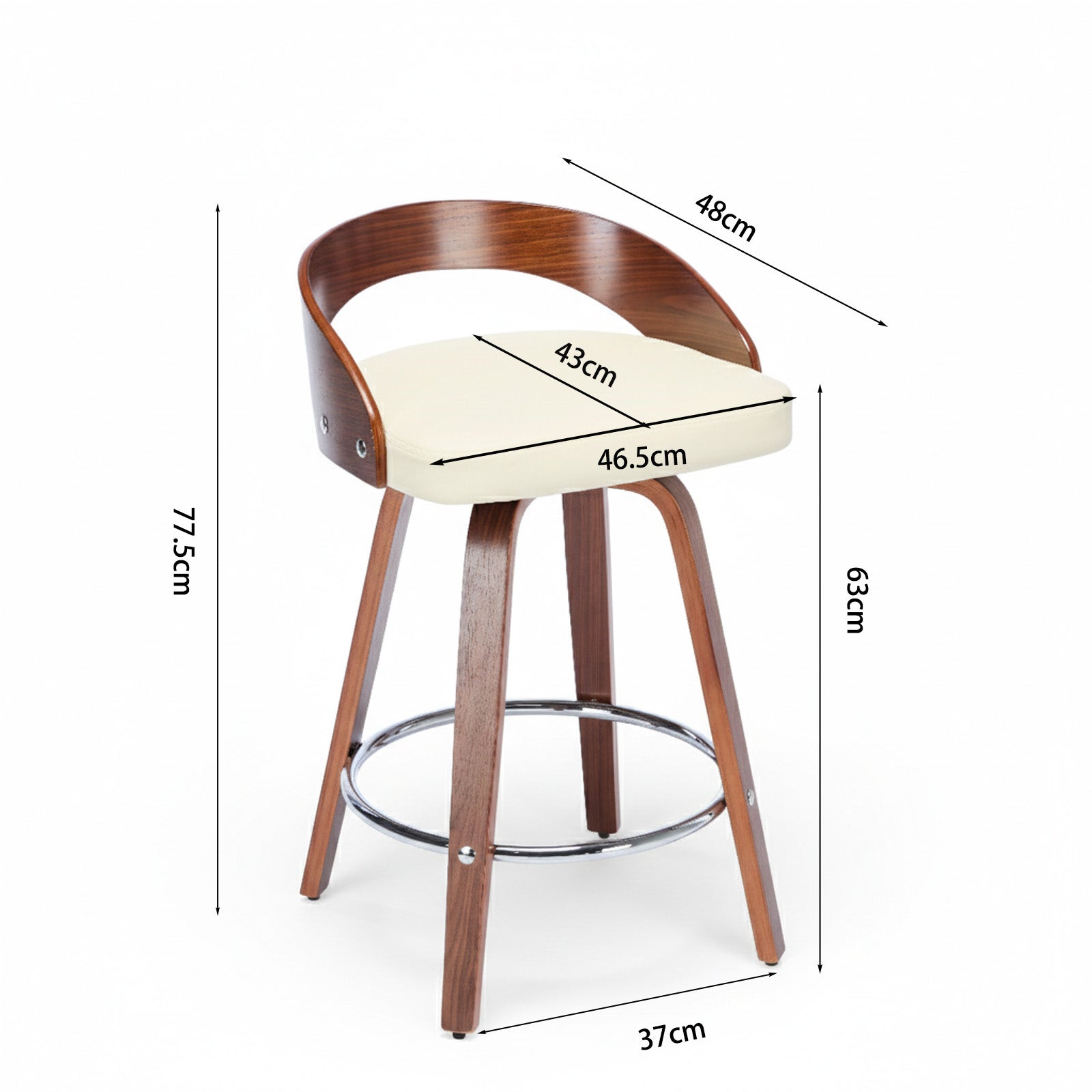 Lot de 2 chaise de bar Pivotants Hauteur Standard 63 cm, Dossier Bas en Bois Teinté Noyer, Tabouret de bar avec Assise en Noir Simili-Cuir Confortable - 9