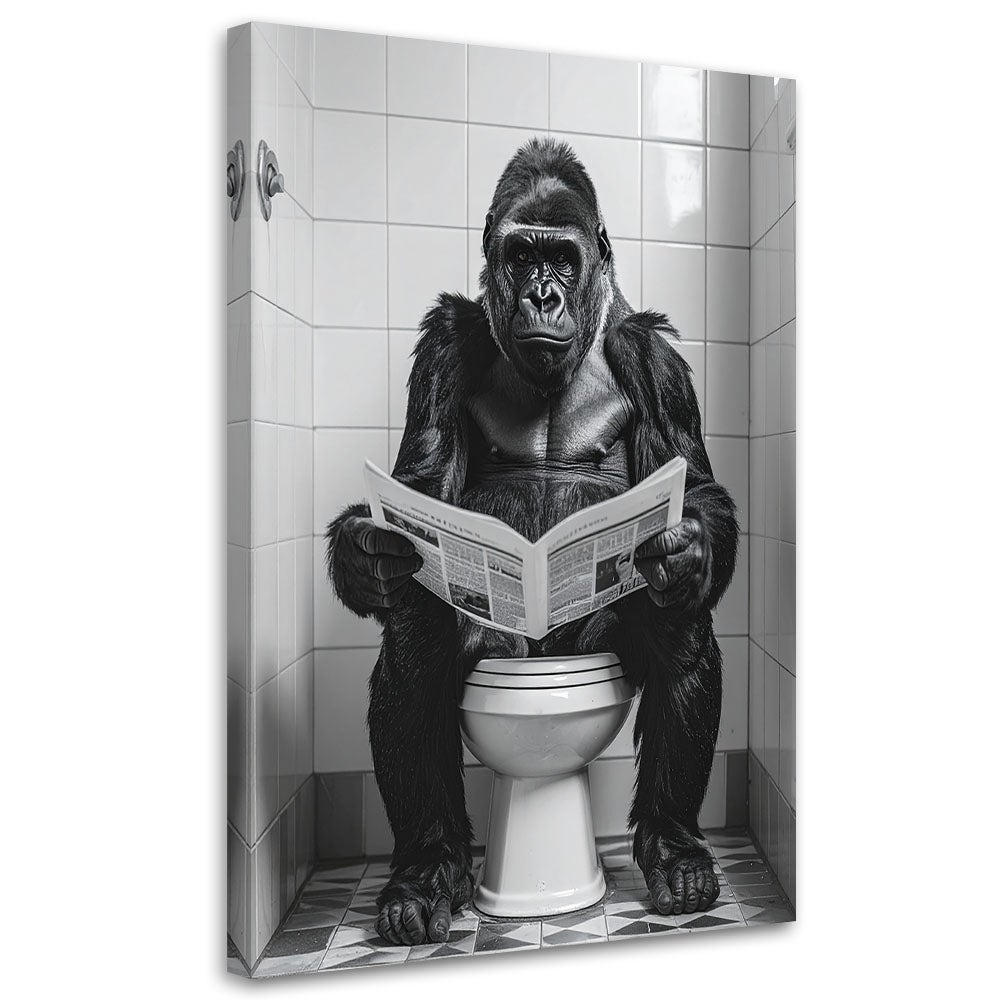 Obraz do łazienki wc, Śmieszna małpa w toalecie gorilla czytająca gazetę czarno biały 40x60
