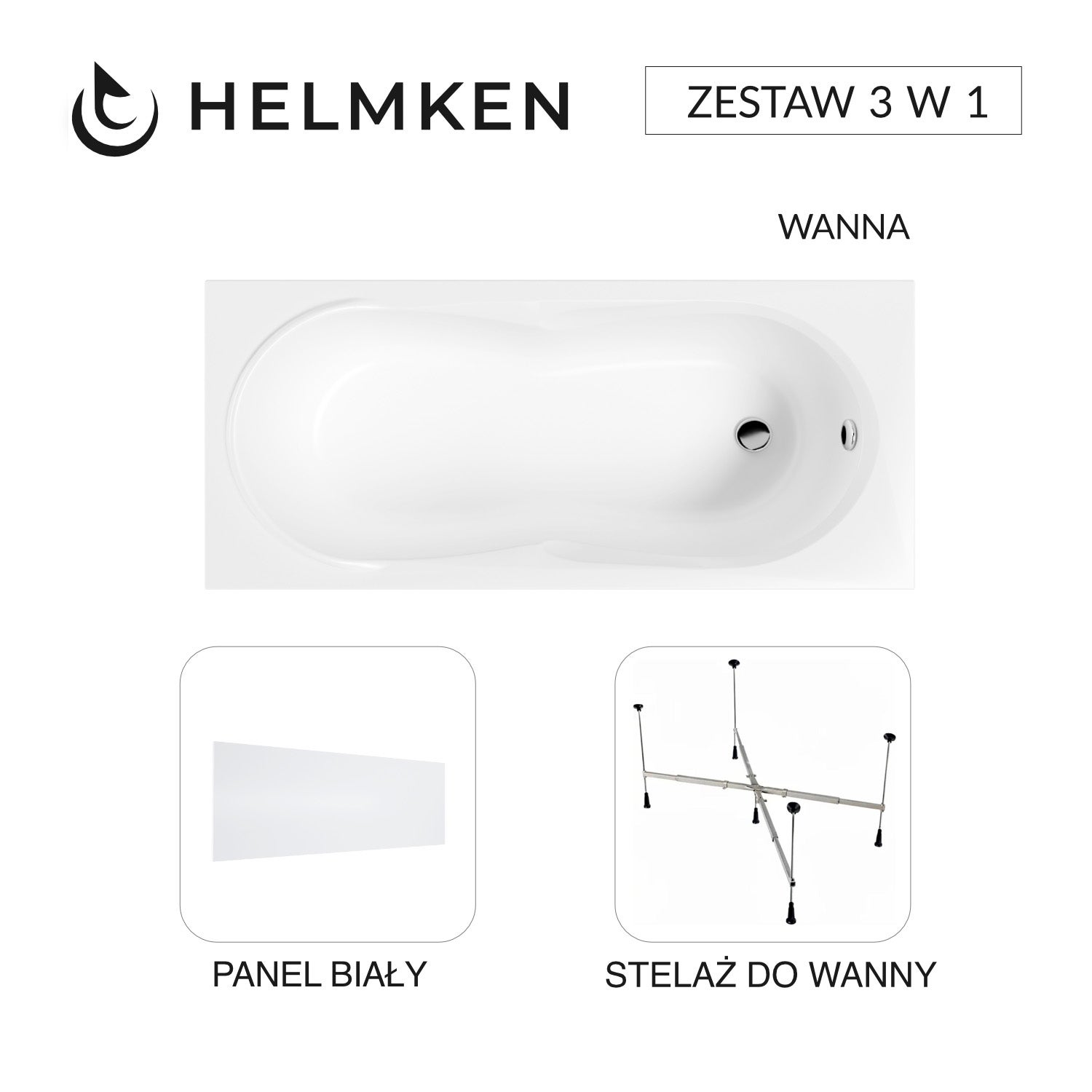 Wanna akrylowa Helmken Celeste 150x70 + Panel Biały + Stelaż uniwersalny do wanien Helmken 21230020 / 35060050-3S