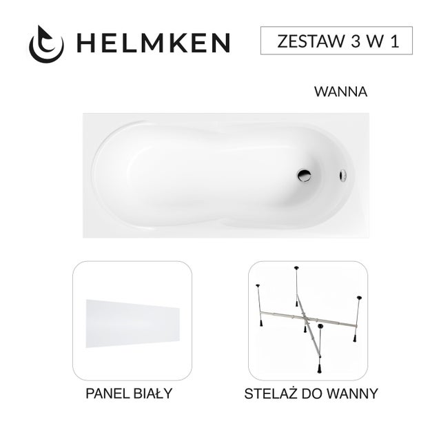 Wanna akrylowa Helmken Celeste 150x70 + Panel Biały + Stelaż uniwersalny do wanien Helmken 21230020 / 35060050-3S