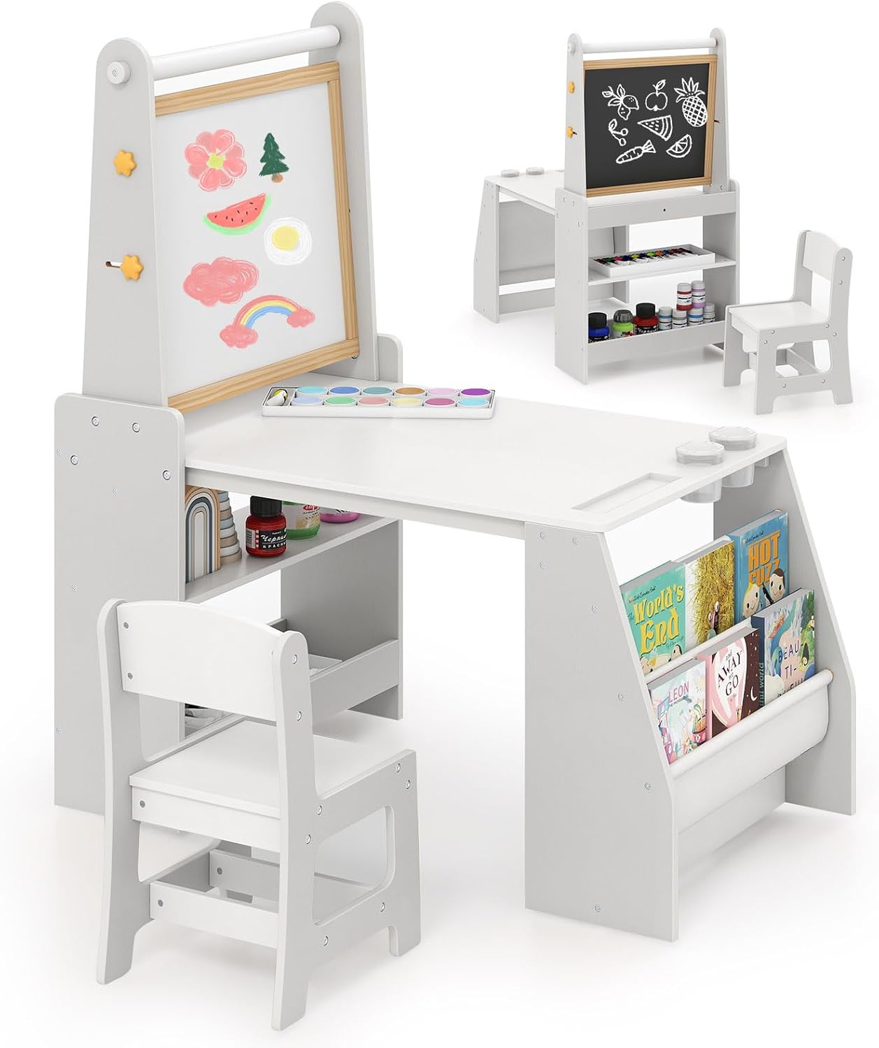 HOMASIS Table Artistique 4-en-1 Enfant Avec Chaise – Bureau, Tableau Magnétique, Tableau Noir, Étagère, Trépied Réglable, Dès 3 Ans