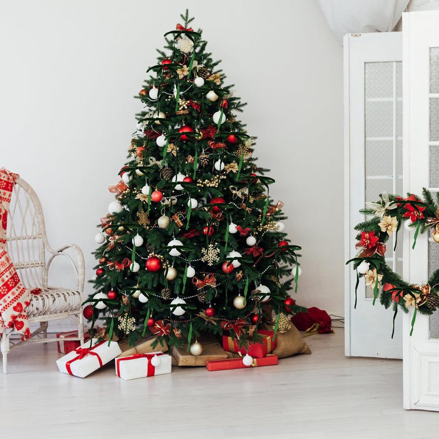 Lot De 24 Nœuds En Velours Rouge Pour Sapin De Noël - Décorations Vintage, Fixation Par Cordon | Pour Emballage Cadeaux, Décoration Maison