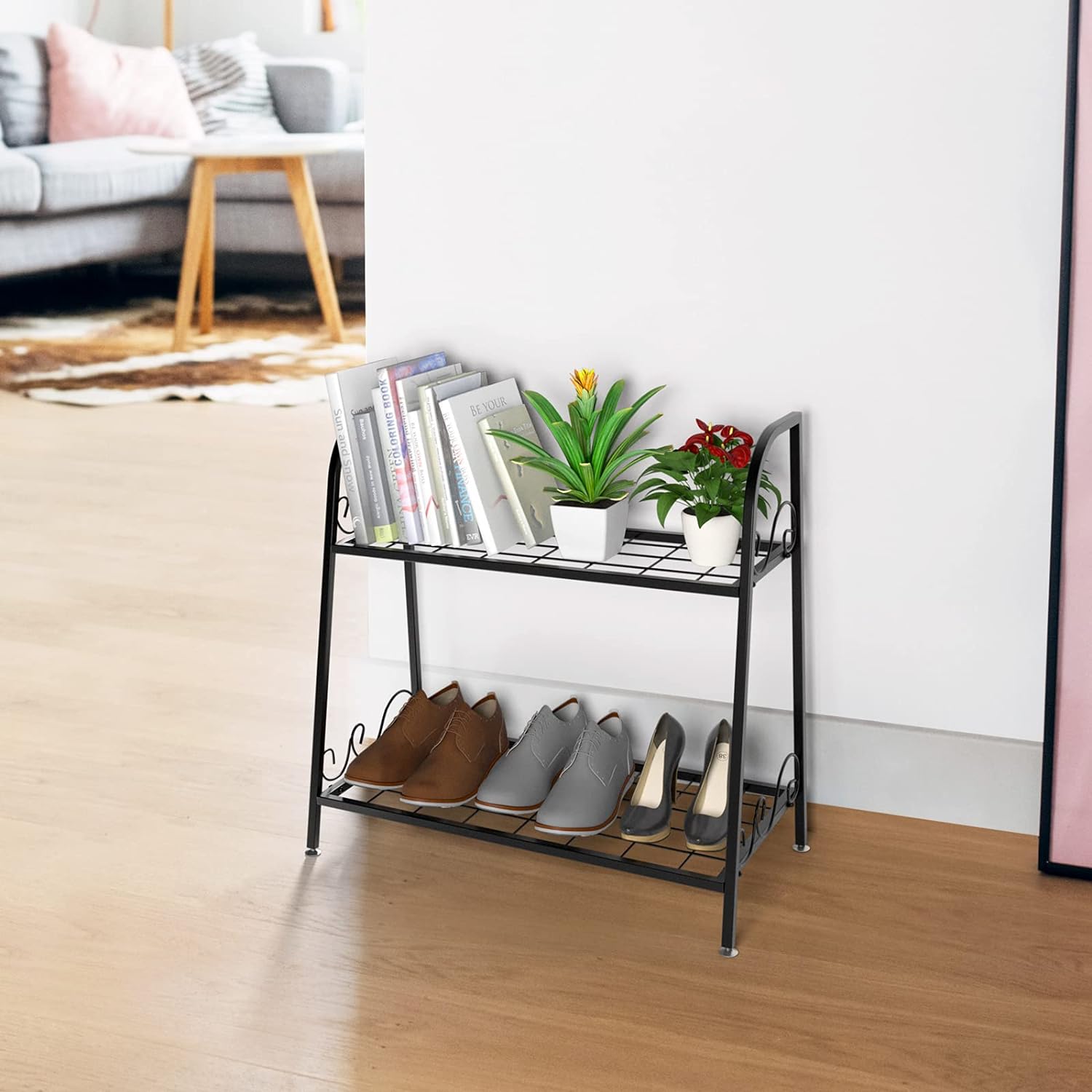 Scaffale Portafiori a 2 Ripiani, Porta Piante da Esterno e Interno a Scala, Scaffale Porta Vasi di Metallo per Balcone, Soggiorno e Giardino, - 2