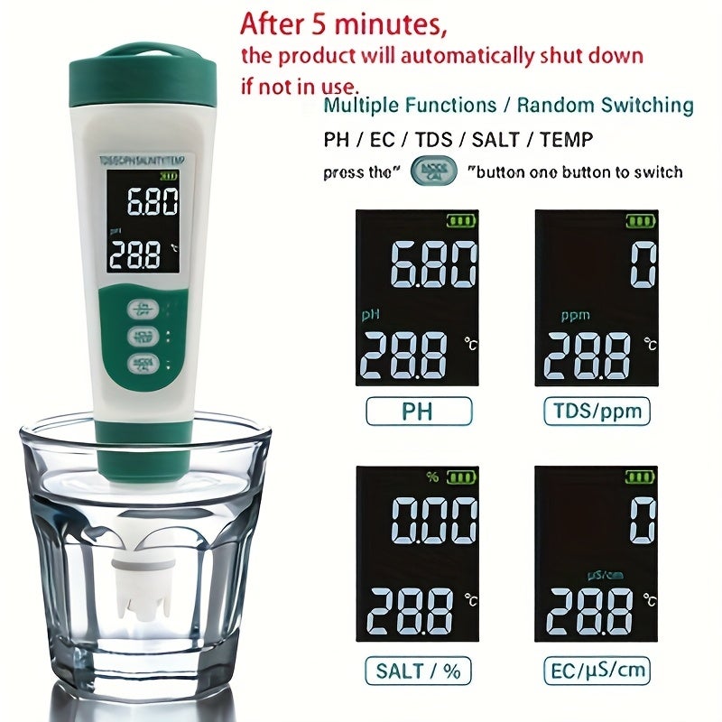 Testeur de sel, pH-mètre, testeur d'eau numérique 5 en 1 pour la salinité, la température, la conductivité et le TDS pour piscine, spa et aquarium. - 5