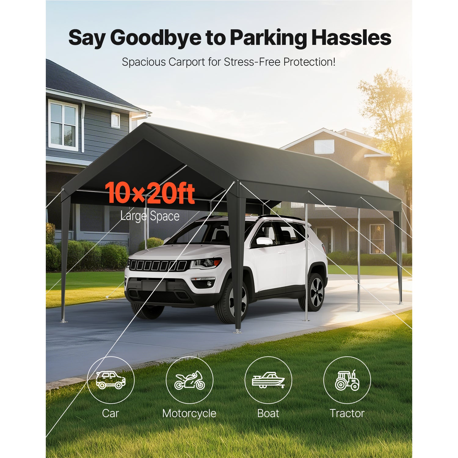 Abri de voiture SucceBuy 3,05 x 6,09 m, structure robuste en acier, garage exterieur resistant aux UV et a leau, protection toute saison pour voitures - 2