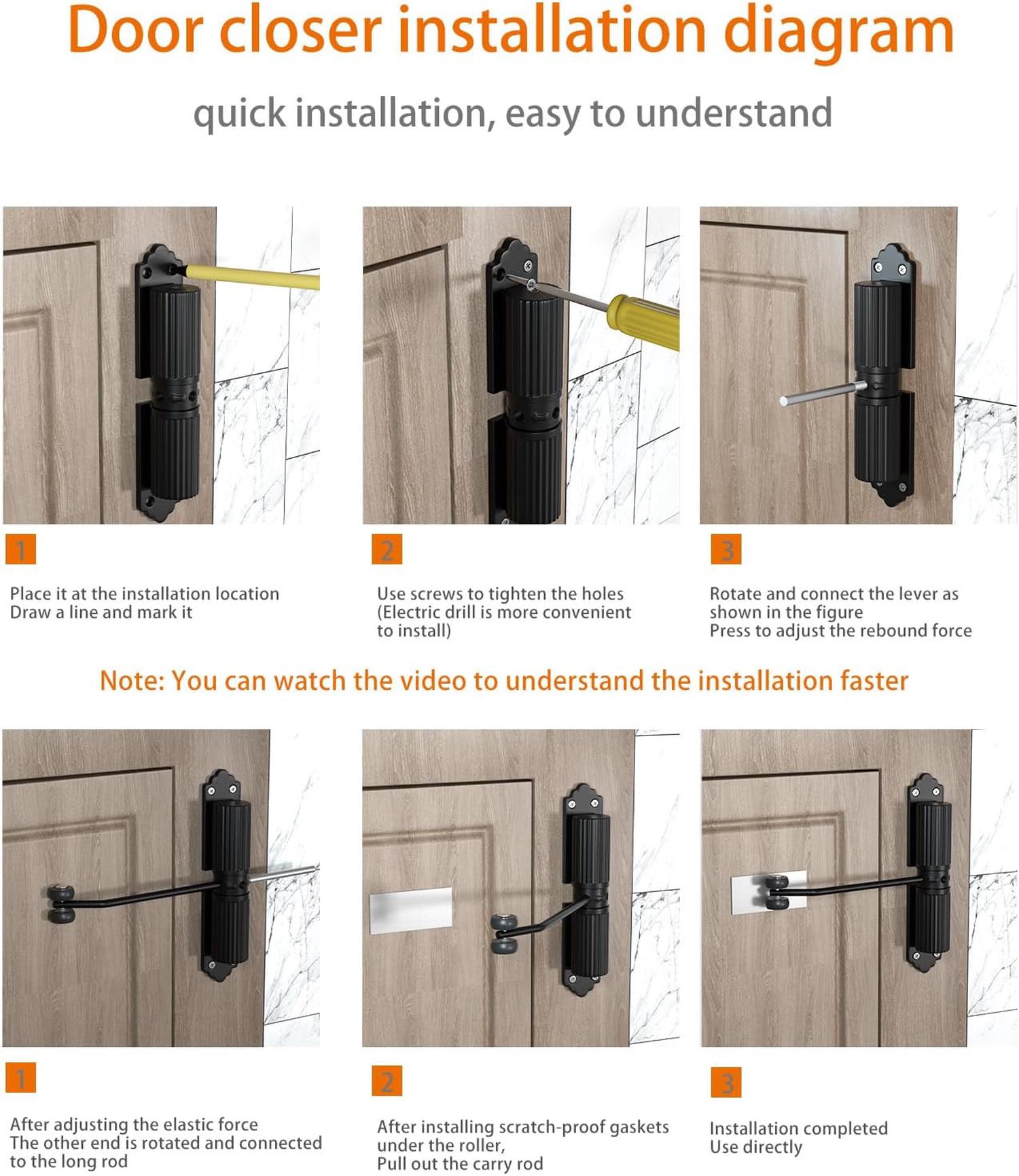 Ferme Porte Automatique, Groom Fermeture Porte à Ressort Réglable, Réglable Ferme-Porte pour Interieur et Extérieures, Porte Closers Noir (Max 60kg) - 5