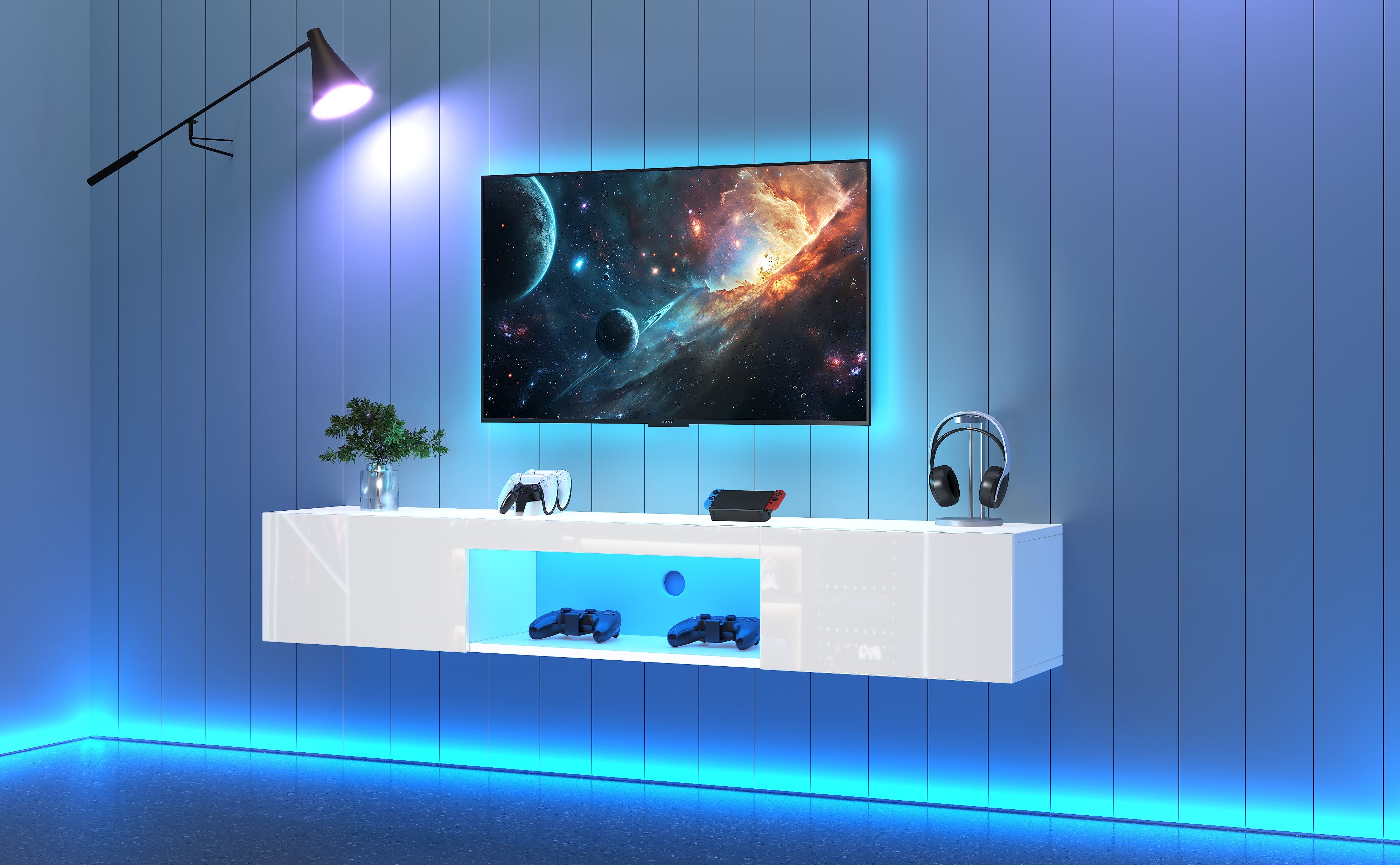 Meuble TV suspendu avec 2 portes et compartiment ouvert - 160 x 31 x 22 cm - LEDs - Panneau de particules - Blanc brillant - 2
