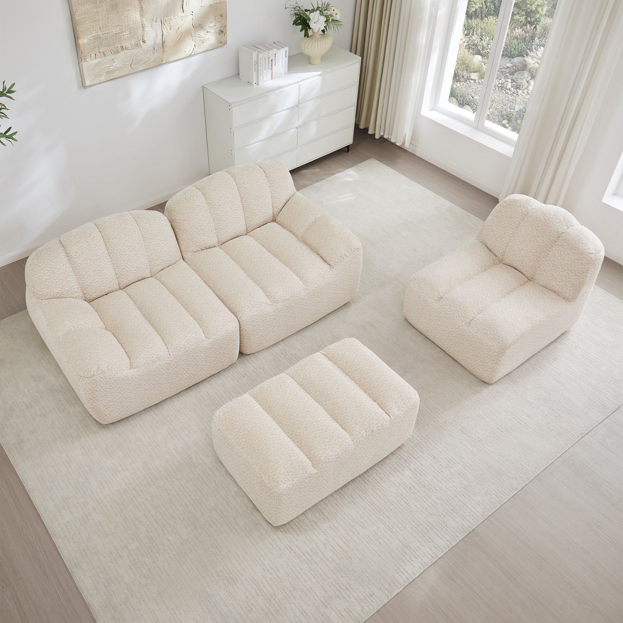 Canapé Modulable 3 Places en L avec Pouf, Canapé Sans Cadre en Mousse 32D, Assise Profonde, Salon, Tissu Velours Côtelé, Beige Blanc - 2