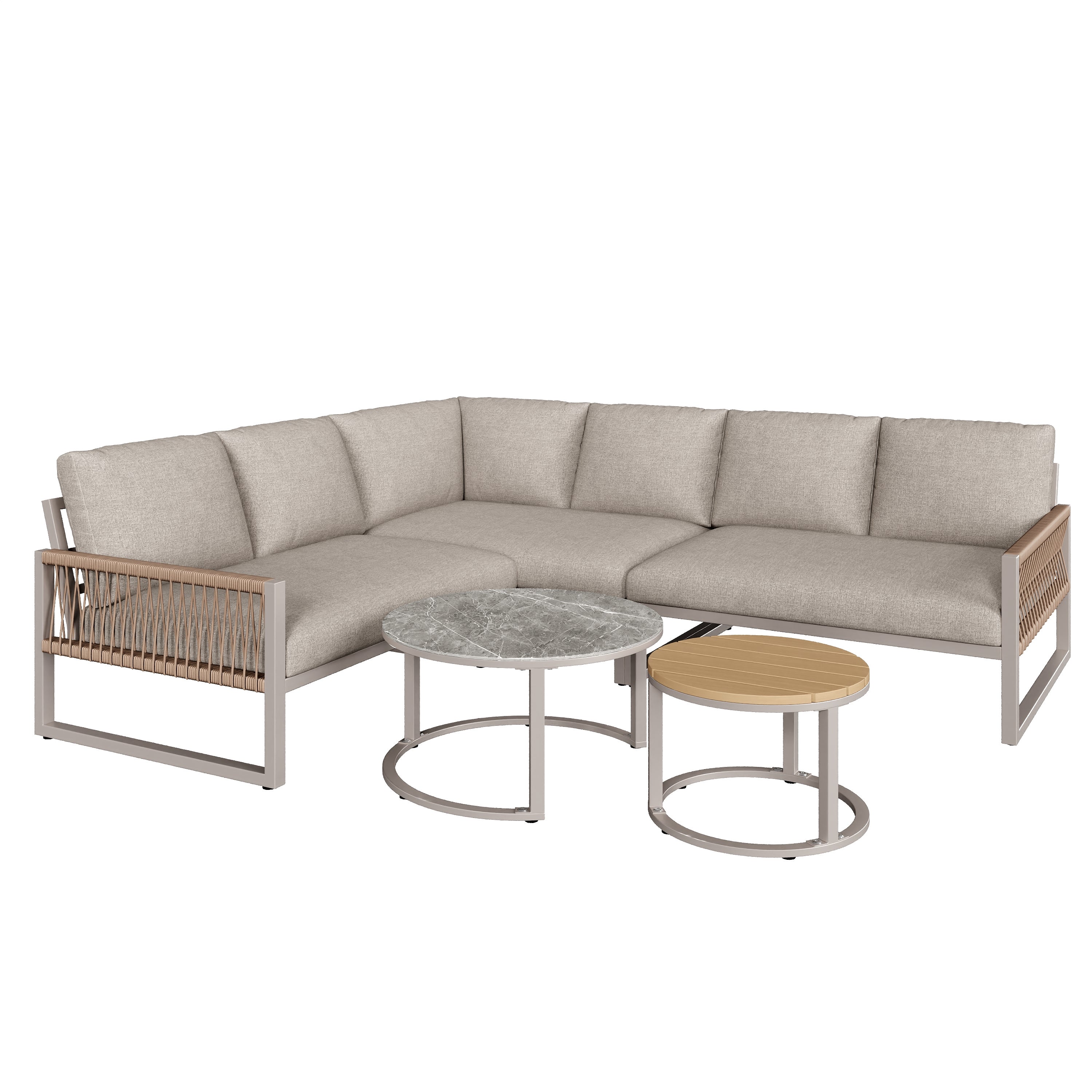 Salón de jardín, conjunto de muebles para 6-7 personas, sofá de esquina - en hierro galvanizado, patas ajustables, 2 mesas nido, beige - 3