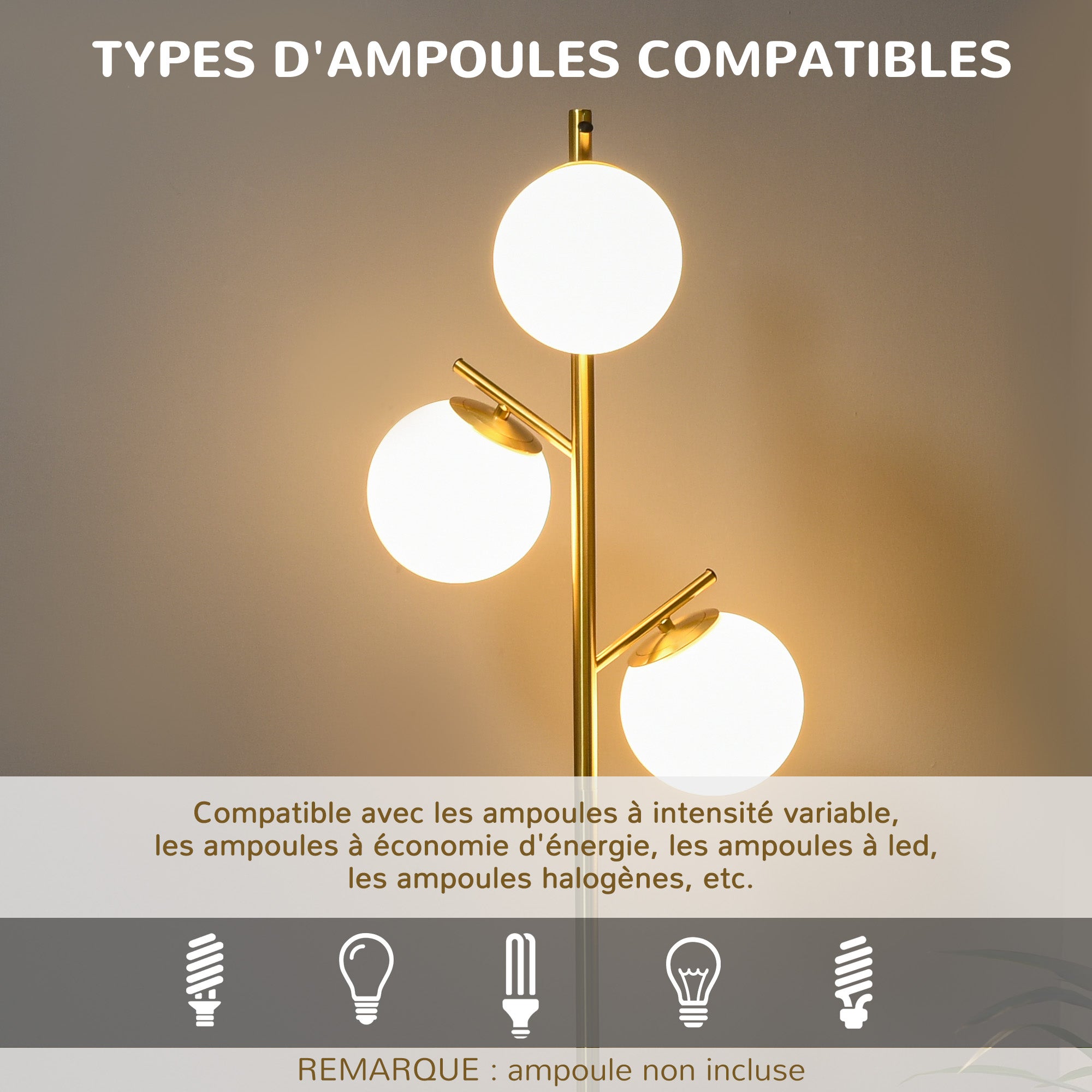 Lampadaire sur pied - HOMCOM - salon métal doré 3 abat-jours globe blanc verre dépoli - métal - Ø 27x169cm - doré - 6