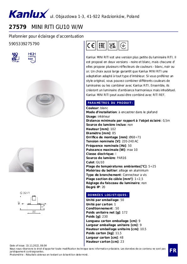 Plafonnier encastré blanc – Aluminium – GU10 – Ø85mm – Kanlux MINI RITI - 7