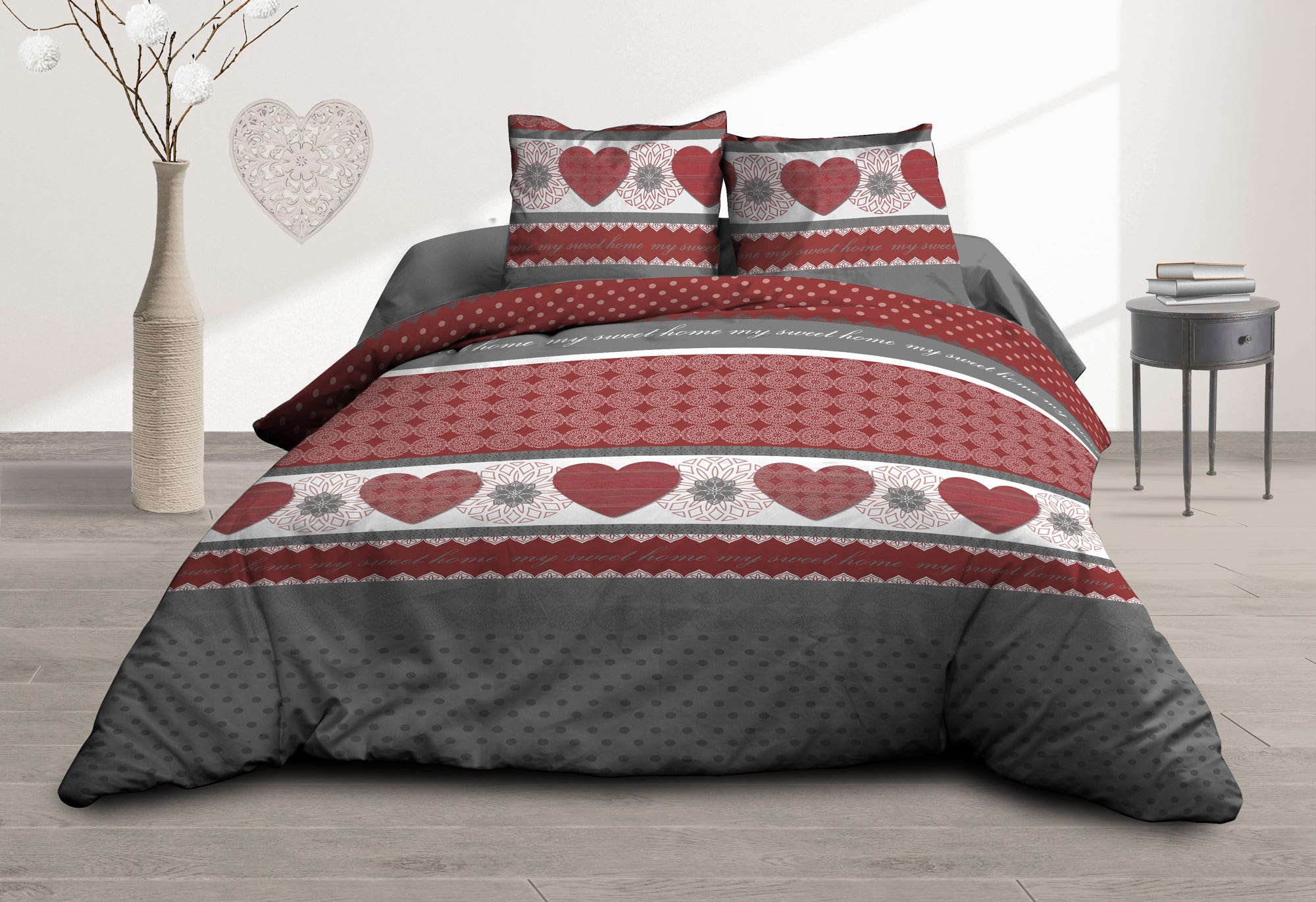 Housse de couette 220x240 + 2 taies - Pur coton 57 fils - Coeurs rouge ...