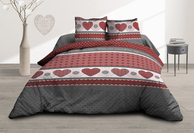 Housse de couette 220x240 + 2 taies - Pur coton 57 fils - Coeurs rouge