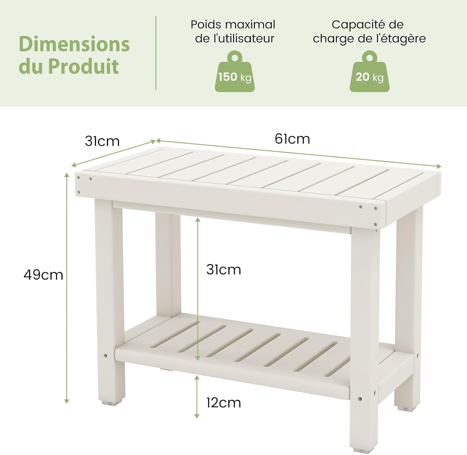 Banc de Douche à 2 Niveaux, Tabouret de Douche de Salle de Bain Étanche en HDPE avec Étagère de Rangement et Patins Antidérapants Our Baignade - 2
