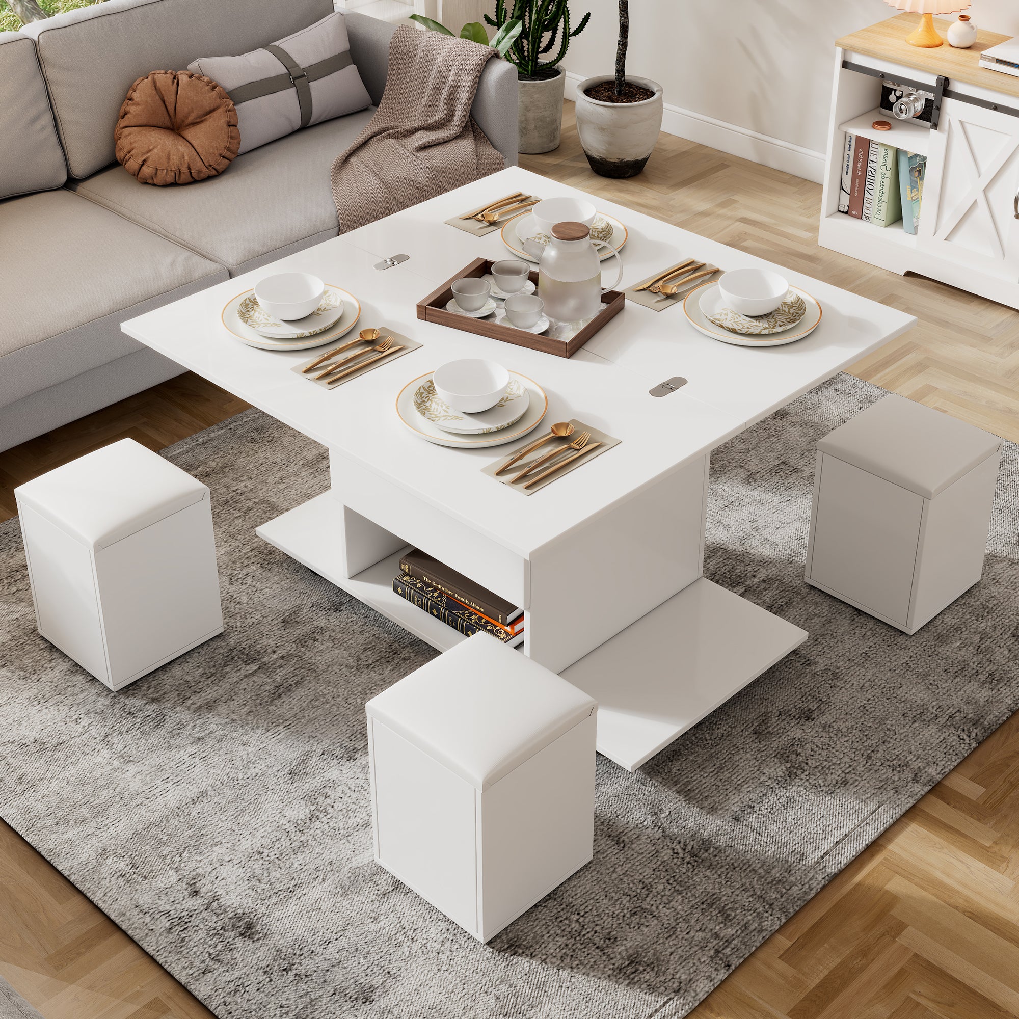 Table basse relevable avec 4 tabourets - 100 x 50 x 48 cm - Panneaux de particules - Blanc - 3