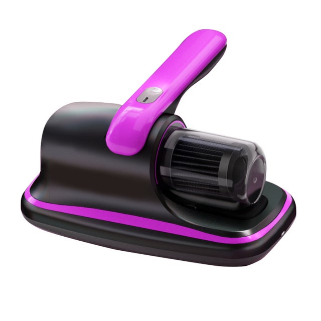 Aspirador de carpetes roxo com luz UV, escova rotativa e filtro removível.