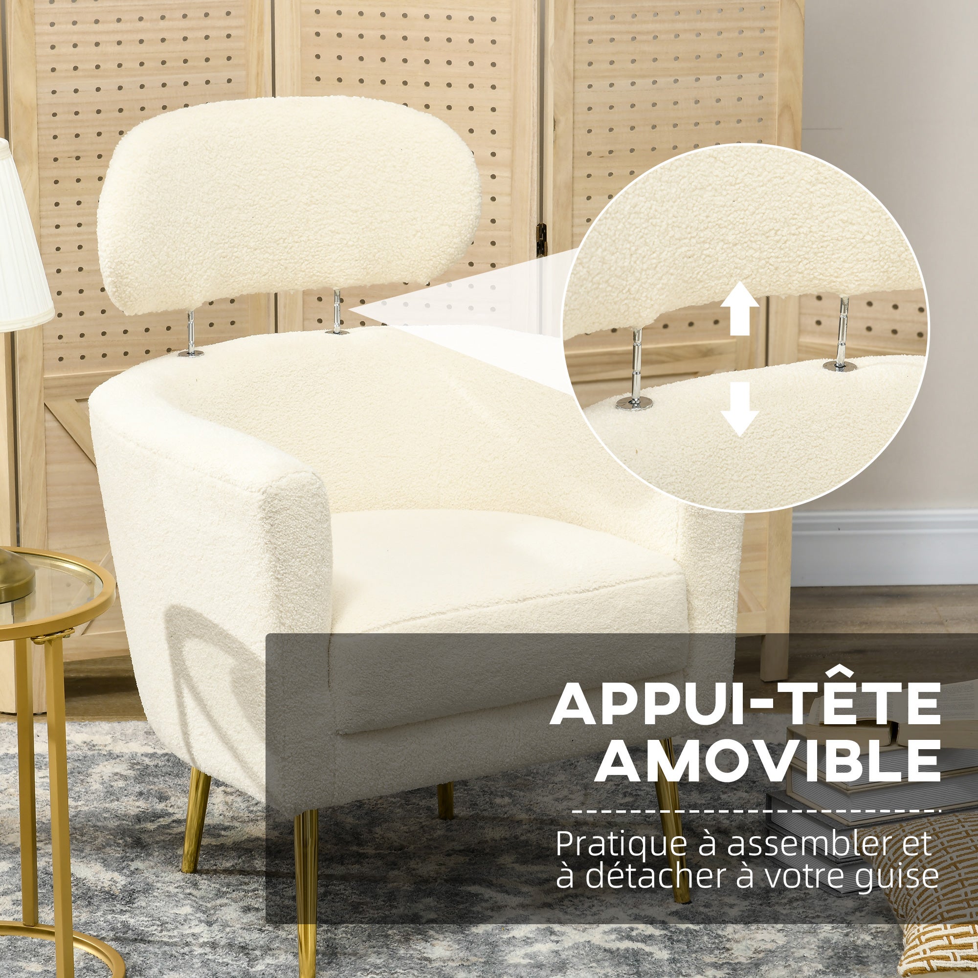 Fauteuil lounge appui-tête amovible peluche pieds métal 71 x 65 x 90 cm crème fauteuil intérieur confortable salon chambre design moderne et doux - 6