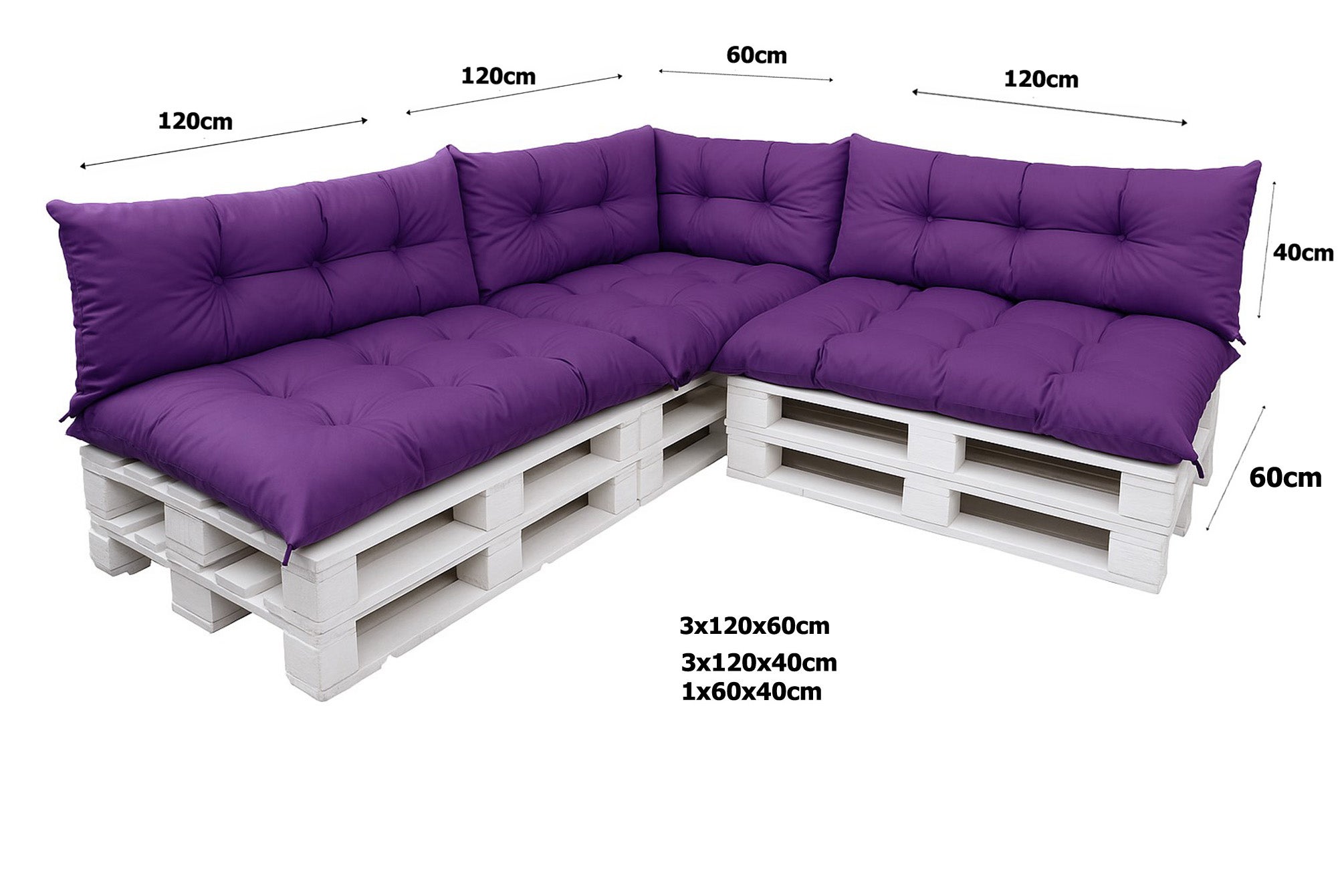 Lot de 7 coussins de palette, 3x assise 120x60 et dossier 120x40cm, lot de coussins pour salon de jardin Violet, coussin pour canapé de jardin - 2