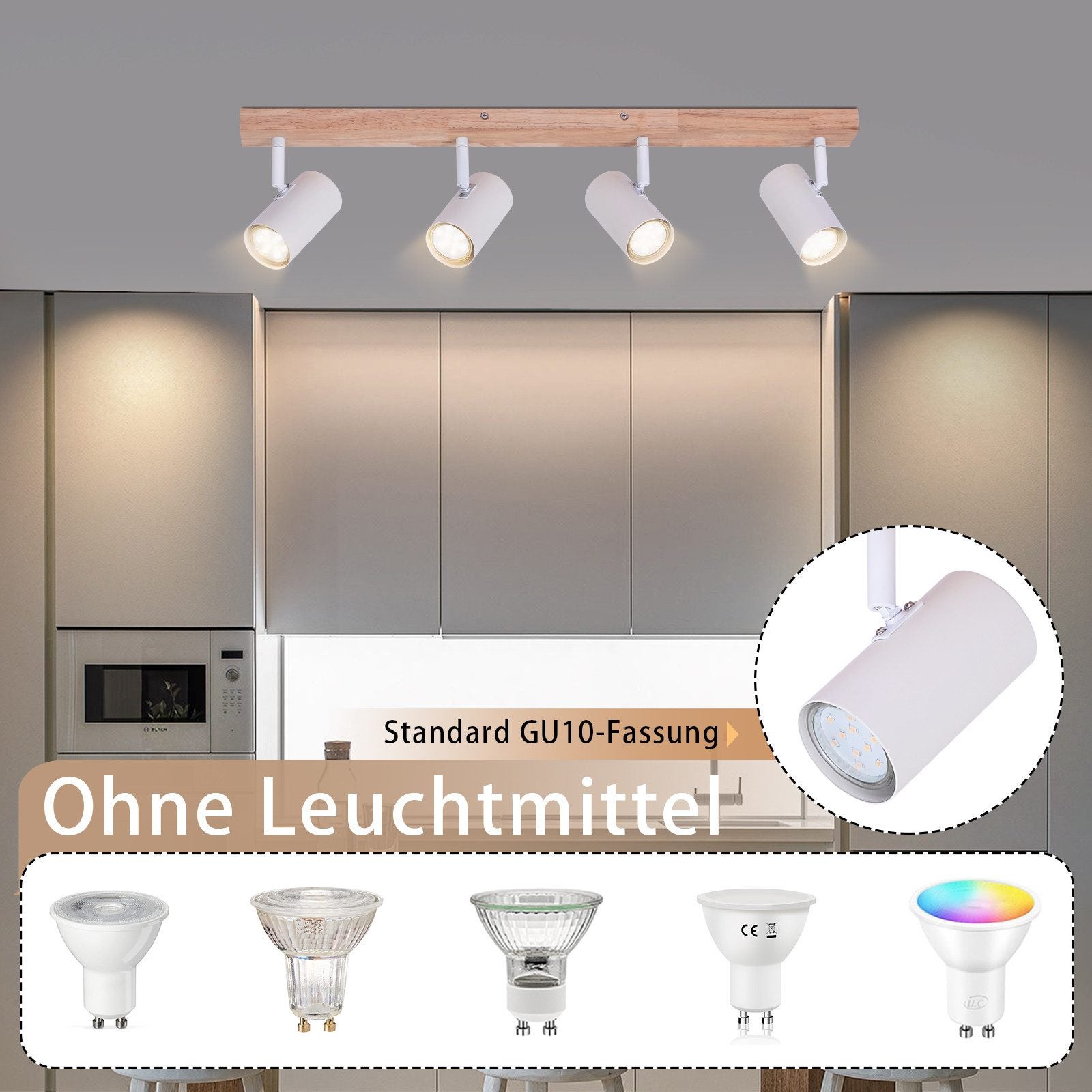 NETTLIFE Foco de techo 4 focos Lámpara de techo de madera blanca GU10 Vintage orientable 350° - 3
