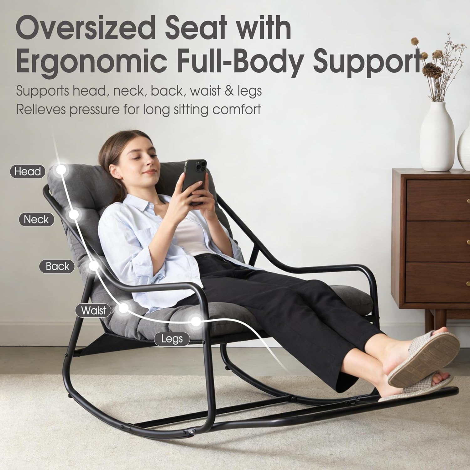 Rocking Chair Relax à Bascule avec Repose-Pieds, Coussin Velours Doux, Structure Acier Durable, Parfait pour Salon, Chambre ou Terrasse - 3