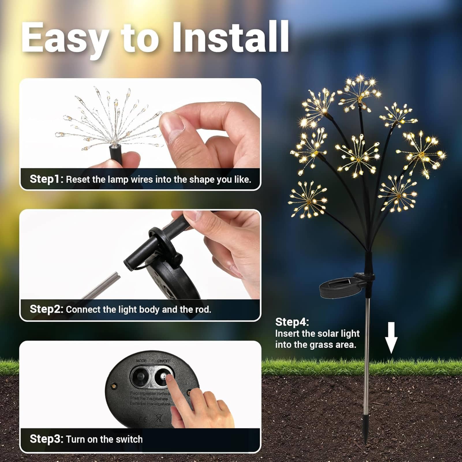 Lampe Solaire Exterieur Jardin 2 Pièces LED Feu d'artifice Solaire, 8 Modes Éclairage Extérieur Luciole Solaire, Étanche Lumière Solaires pour Jardin - 4