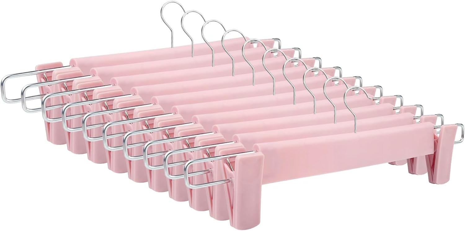 10-częściowy wieszak na spodnie z regulowanymi klipsami do szelek spódnicowych, obrotowy hak 360° do wieszania, różowy