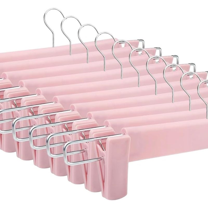 10-częściowy wieszak na spodnie z regulowanymi klipsami do szelek spódnicowych, obrotowy hak 360° do wieszania, różowy